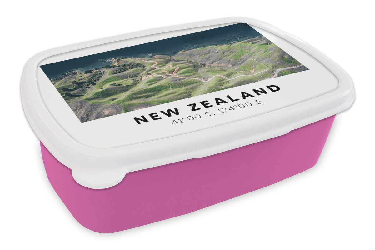 MuchoWow Lunchbox Neuseeland - Wasser - Grün - Strand, Kunststoff, (2-tlg), Brotbox für Erwachsene, Brotdose Kinder, Snackbox, Mädchen, Kunststoff rosa