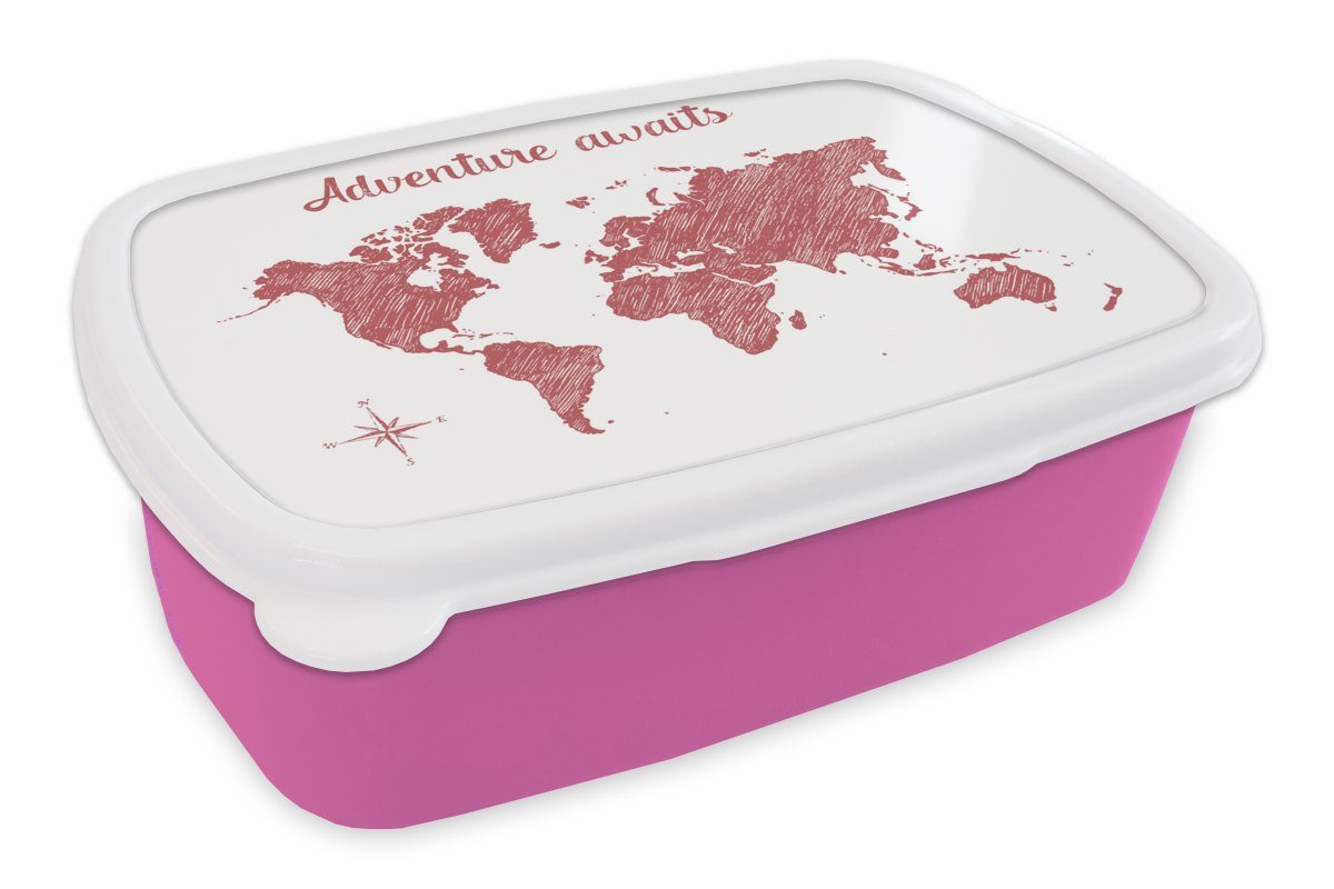 MuchoWow Lunchbox Weltkarte - Rot - Zitat, Kunststoff, (2-tlg), Brotbox für Erwachsene, Brotdose Kinder, Snackbox, Mädchen, Kunststoff rosa