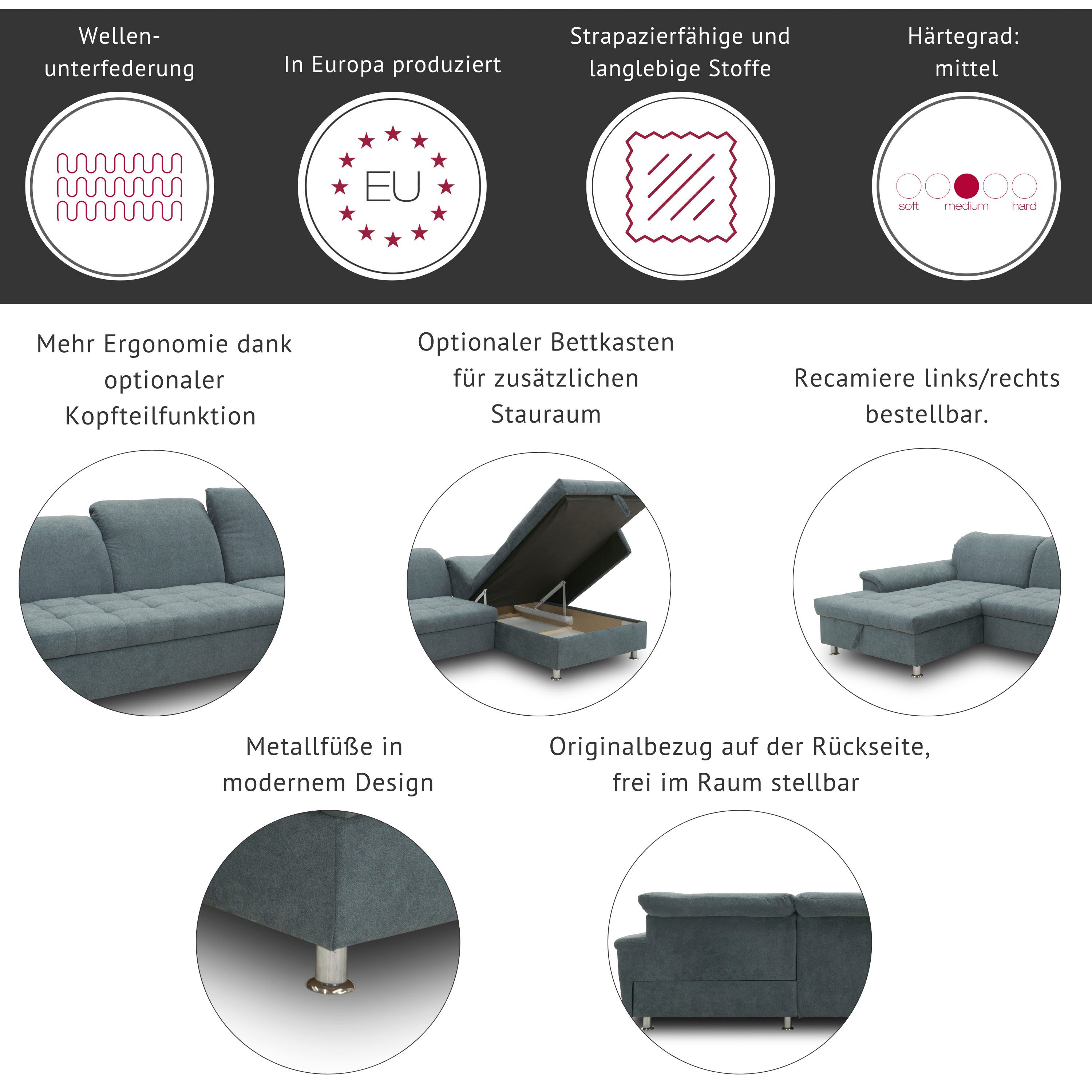 DOMO collection Ecksofa FRANZI 278x170x81 cm, Steppung im Sitzbereich, L-Form, ohne Funktion, Flachgewebe, graphite – Bild 3 von 5