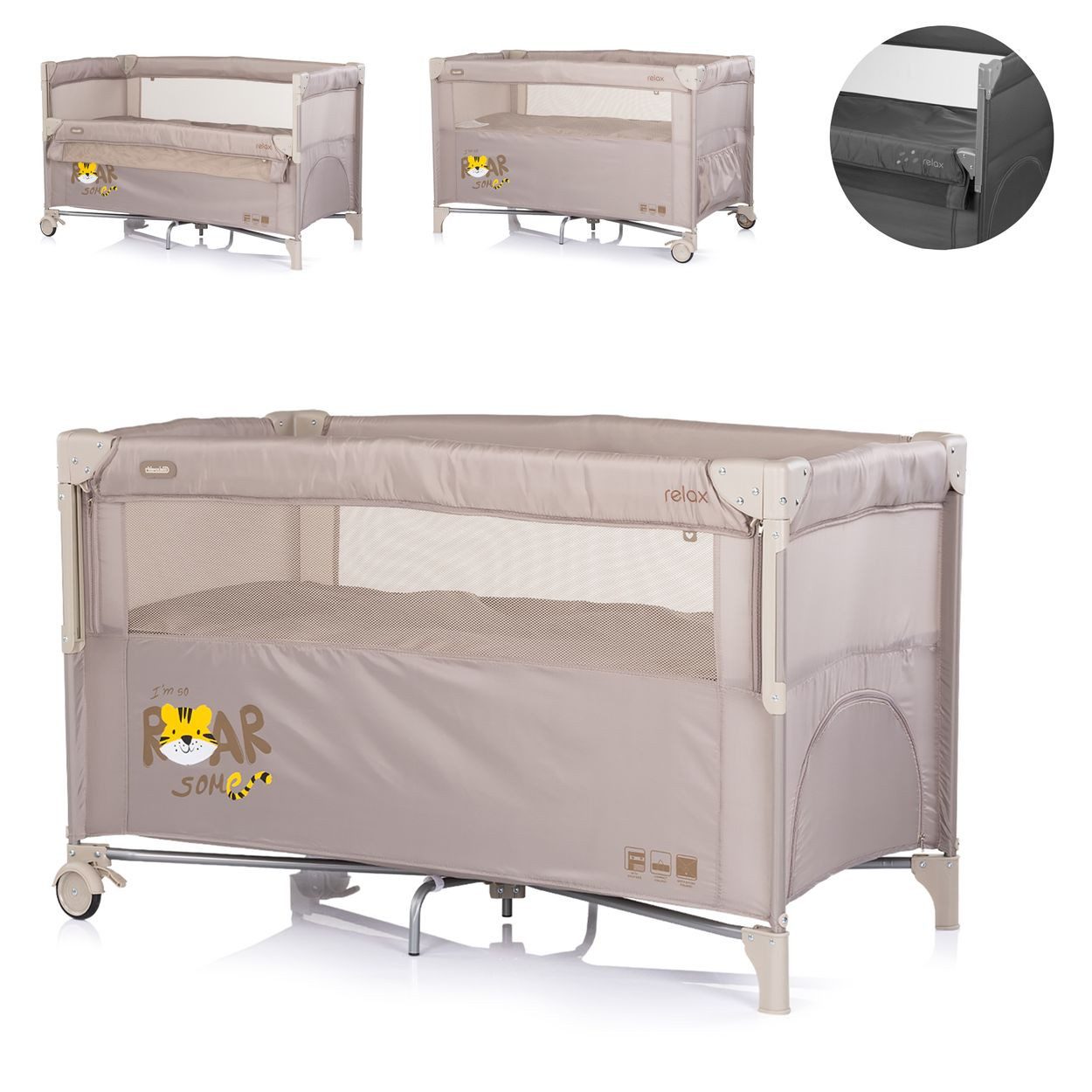 Chipolino Baby-Reisebett Relax, 2 Ebenen, als Beistellbett nutzbar, Seiteneingang, Faltmatratze