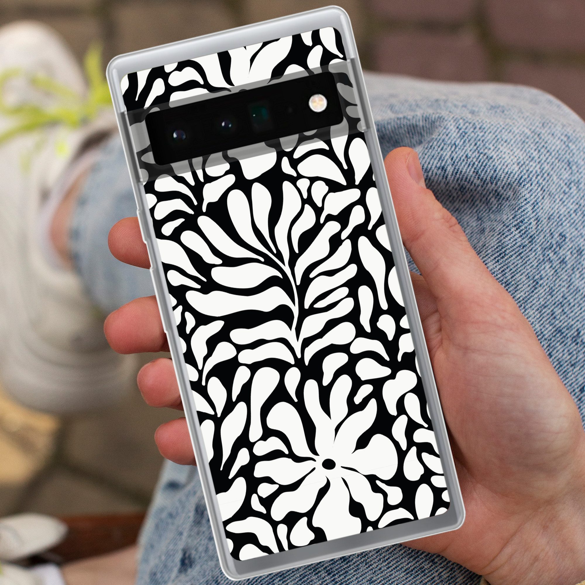 MuchoWow Handyhülle für Google Pixel 6 Pro Blumendruck - Schwarz - Weiß - Blätter, Handy Case, Silikon, Bumper Case Dünn