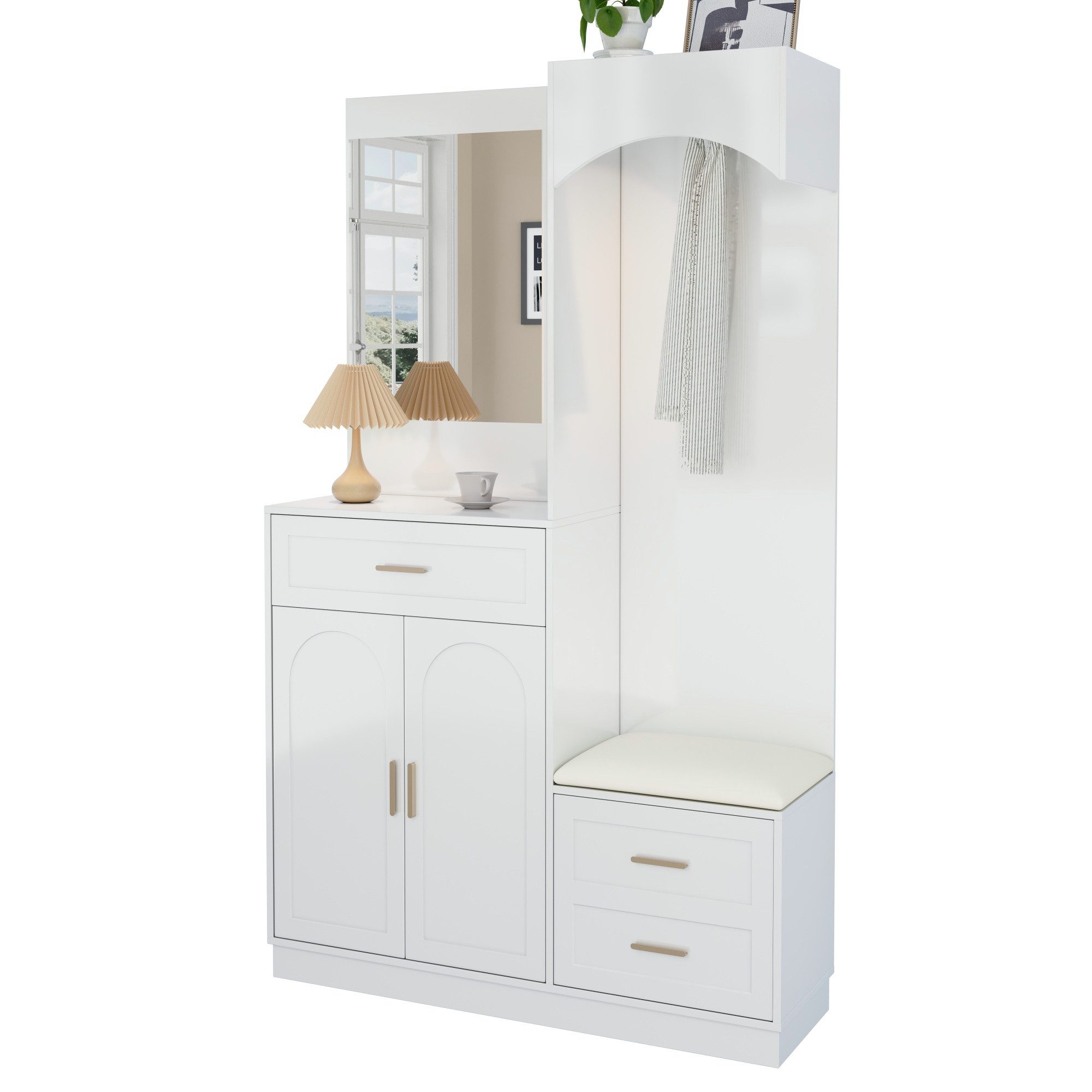 Refined Living Garderoben-Set Kompaktgarderobe mit Spiegel & Sitzbank,Garderobenschrank,Schuhschrank, (1-St., Multifunktional & platzsparend, mit Verstellbare Einlegeböden, Robuste), für Flur,Wohnzimmer,Eingangsbereich,Wohnung,Schlafzimmer,Büro