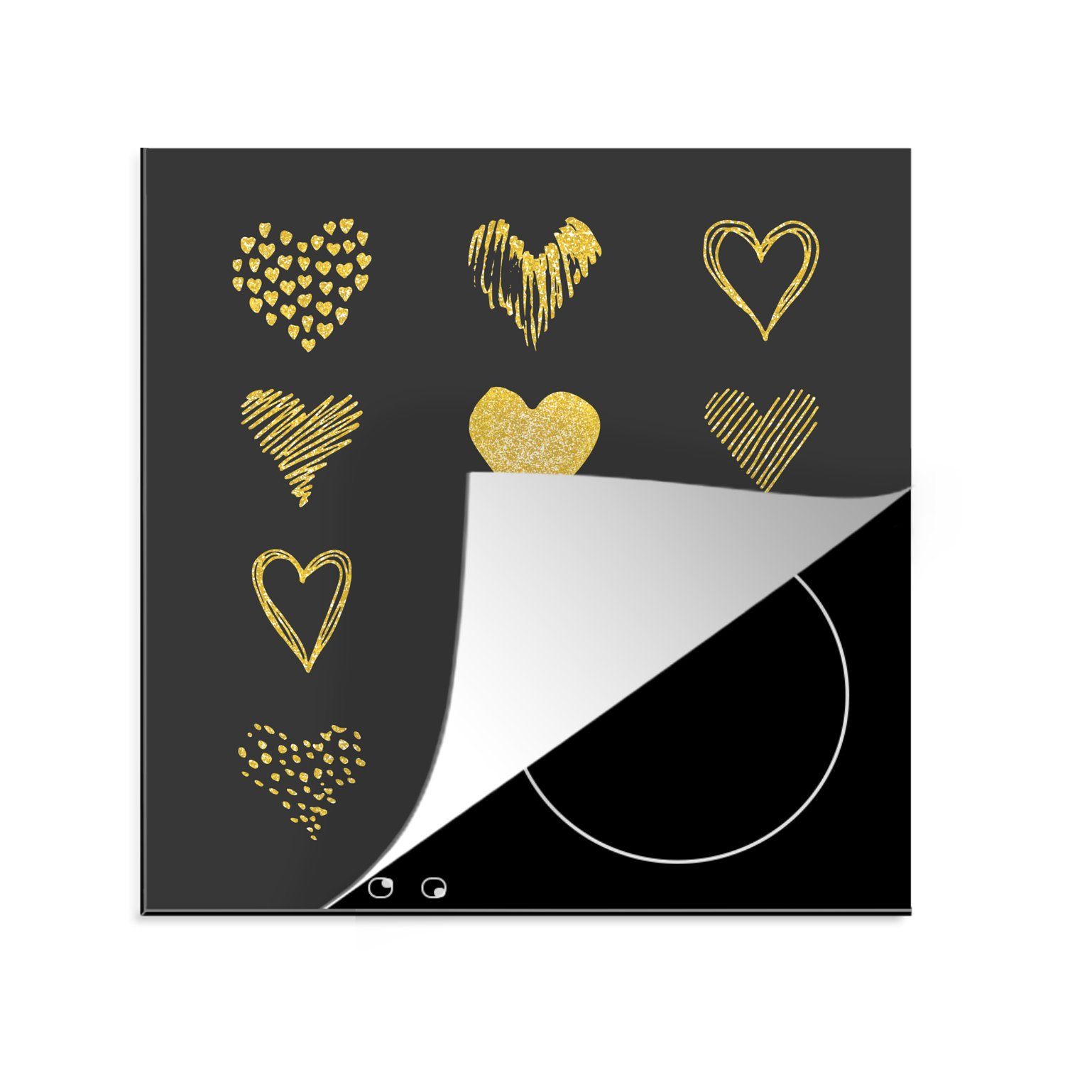 MuchoWow Herdblende-/Abdeckplatte Gold gezeichnete Herzen auf schwarzem Papier, Vinyl, (1 tlg), 78x78 cm, Ceranfeldabdeckung, Arbeitsplatte für küche
