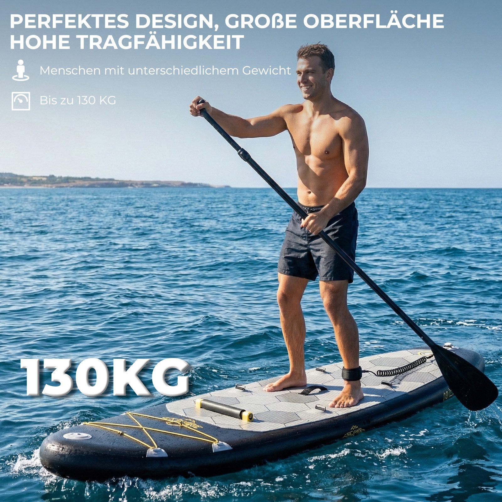 GUNJI Inflatable SUP-Board Aufblasbares 320*80*15CM stehendes Zellstoffbrett Tragfähigkeit 130KG, (Mit Kajaksitz, Rucksack, Pumpe, Doppelpaddeln, Sportkamerahalter, wasserdichter Handytasche, ideal zum Surfen, Angeln)