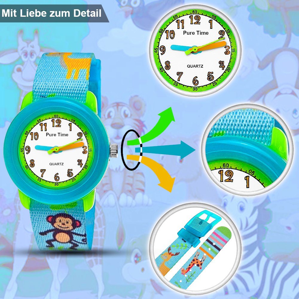 Pure Time Quarzuhr Tiere Kinder Textil Armbanduhr, Kinderuhr in hell blau,  grün & weiß