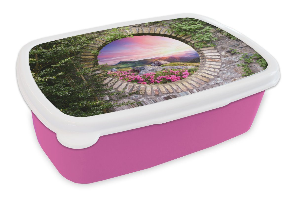 Kunststoff, Kinder, rosa - für Aussicht - Mädchen, Snackbox, Berg, (2-tlg), Erwachsene, Brotbox - Blumen Kunststoff Landschaft MuchoWow Lunchbox Brotdose
