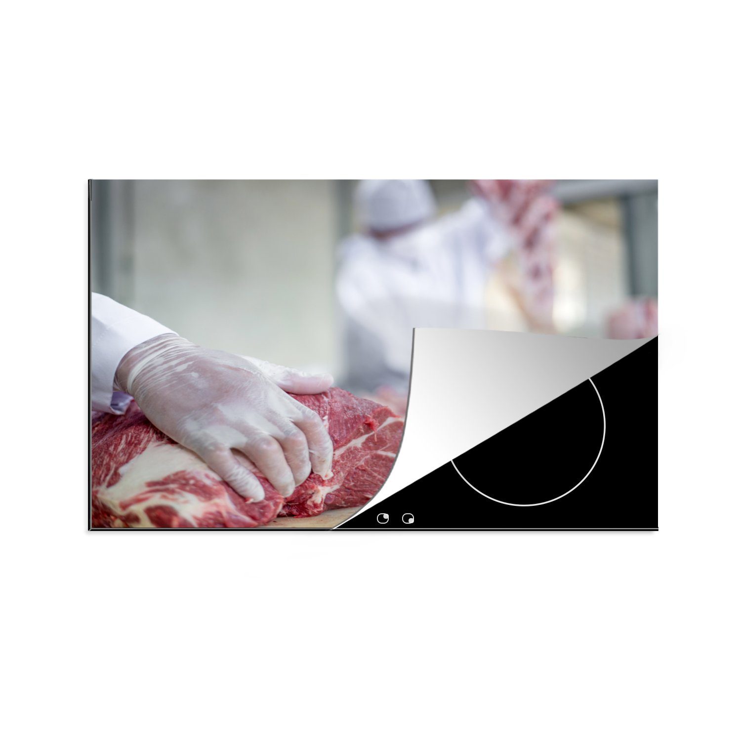 MuchoWow Herdblende-/Abdeckplatte Der Metzger schneidet das Fleisch in Stücke, Vinyl, (1 tlg), 81x52 cm, Induktionskochfeld Schutz für die küche, Ceranfeldabdeckung