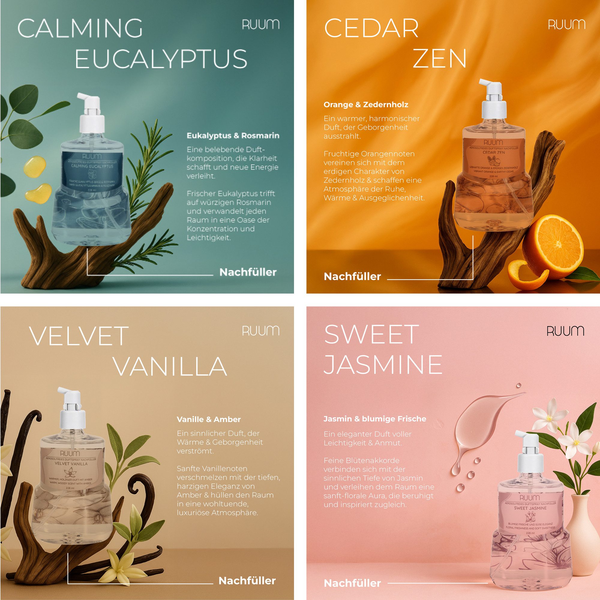RUUM Raumduft Aerosolfreie Duftspray Nachfüller (8er Mix-Paket, 8-St., 228 ml), Kompatibel mit Air Wick Active Fresh Geräten