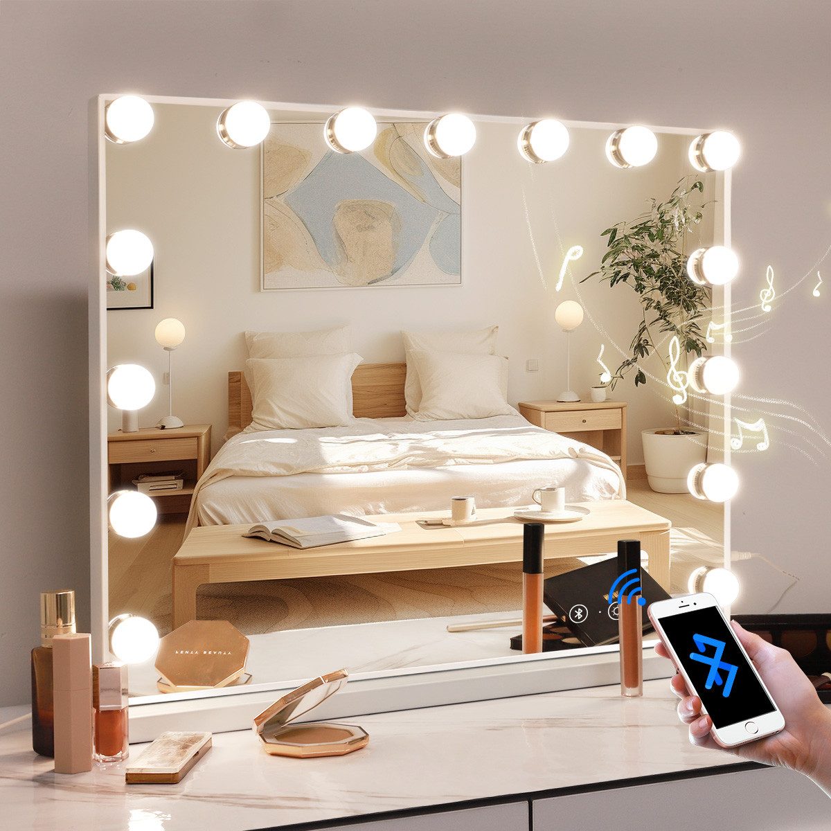 Schminkspiegel mit LED-Beleuchtung und Bluetooth weiß 58/46 cm