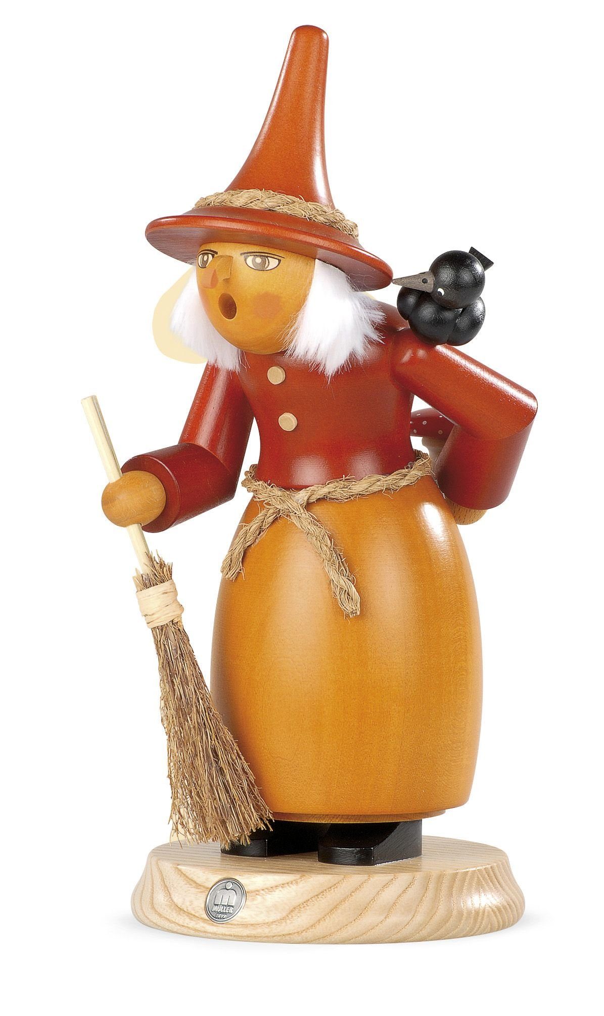 Müller Kleinkunst GmbH Seiffen Räuchermännchen Räucherfigur Räuchermann groß Hexe mit Rabe und Fliegenpilz