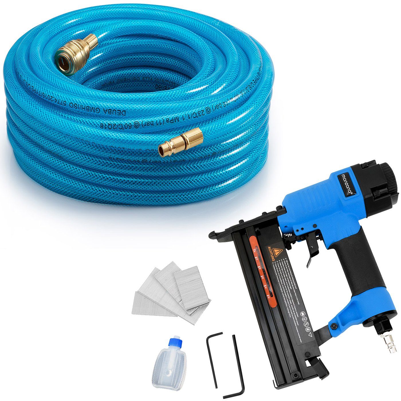 monzana Druckluftgeräte-Set, Druckluftschlauch 20m PVC Schnellkupplung 15 bar 1/4" Anschluss inkl