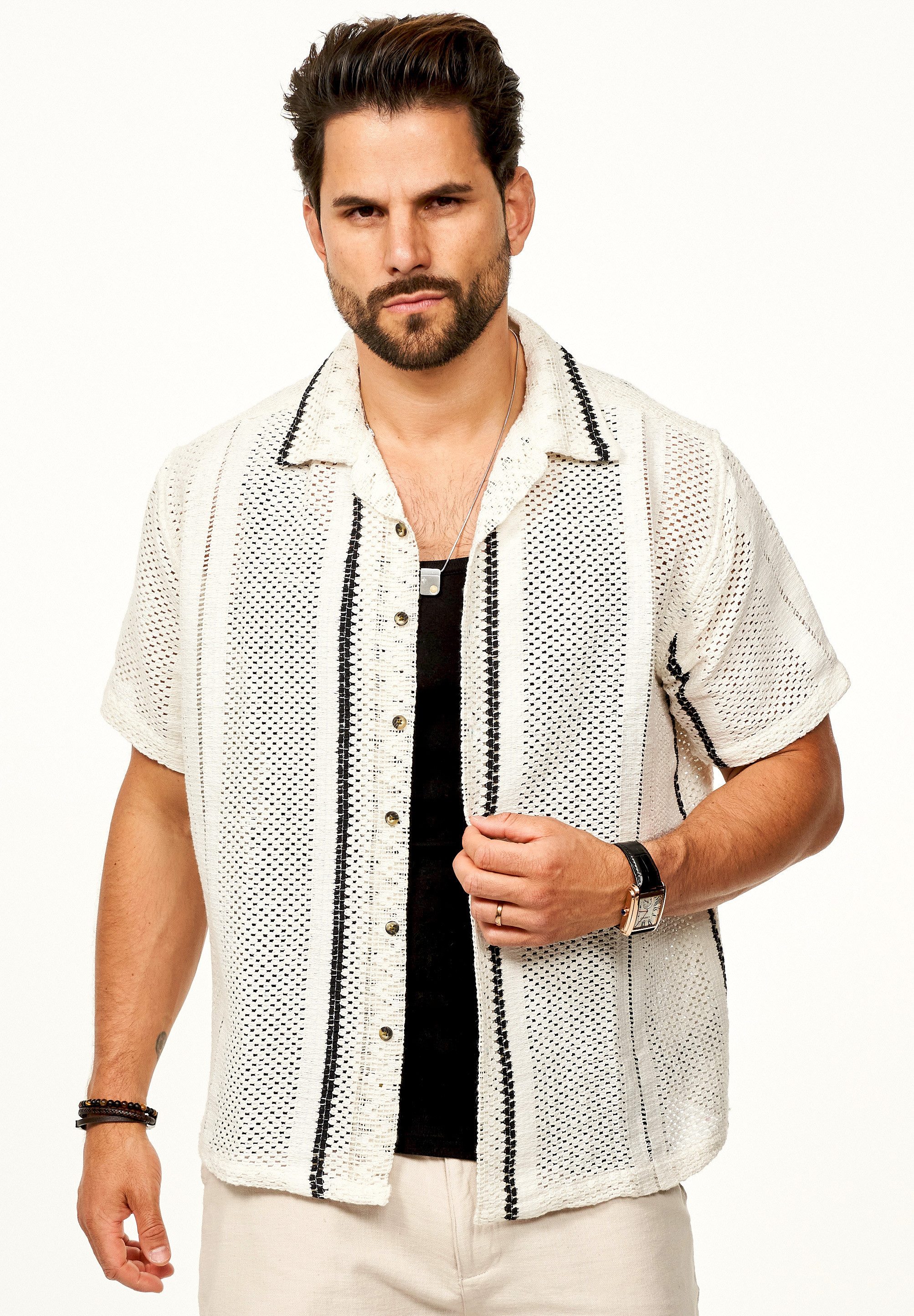 SOULSTAR Kurzarmhemd Gestreift - Freizeithemd als Kurzam Strick Retro Hemd Herren Strick Polo-Hemd Overshirt im Regular-Fit T-Shirt