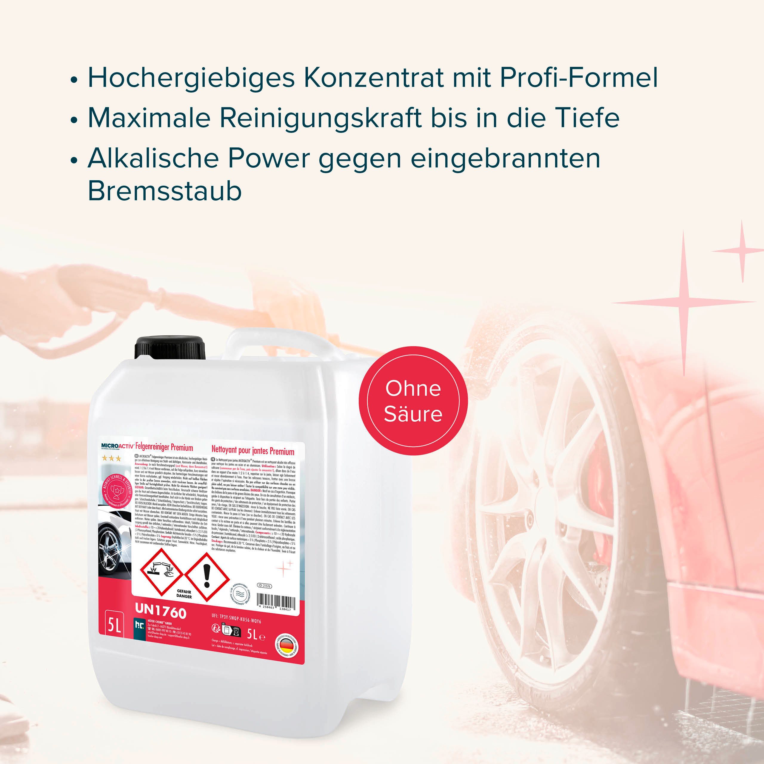 Höfer Chemie GmbH 2 x 5 L MICROACTIV® Felgenreiniger Konzentrat Premium Felgenreiniger (Effektive Reinigung für strahlend saubere Felgen)