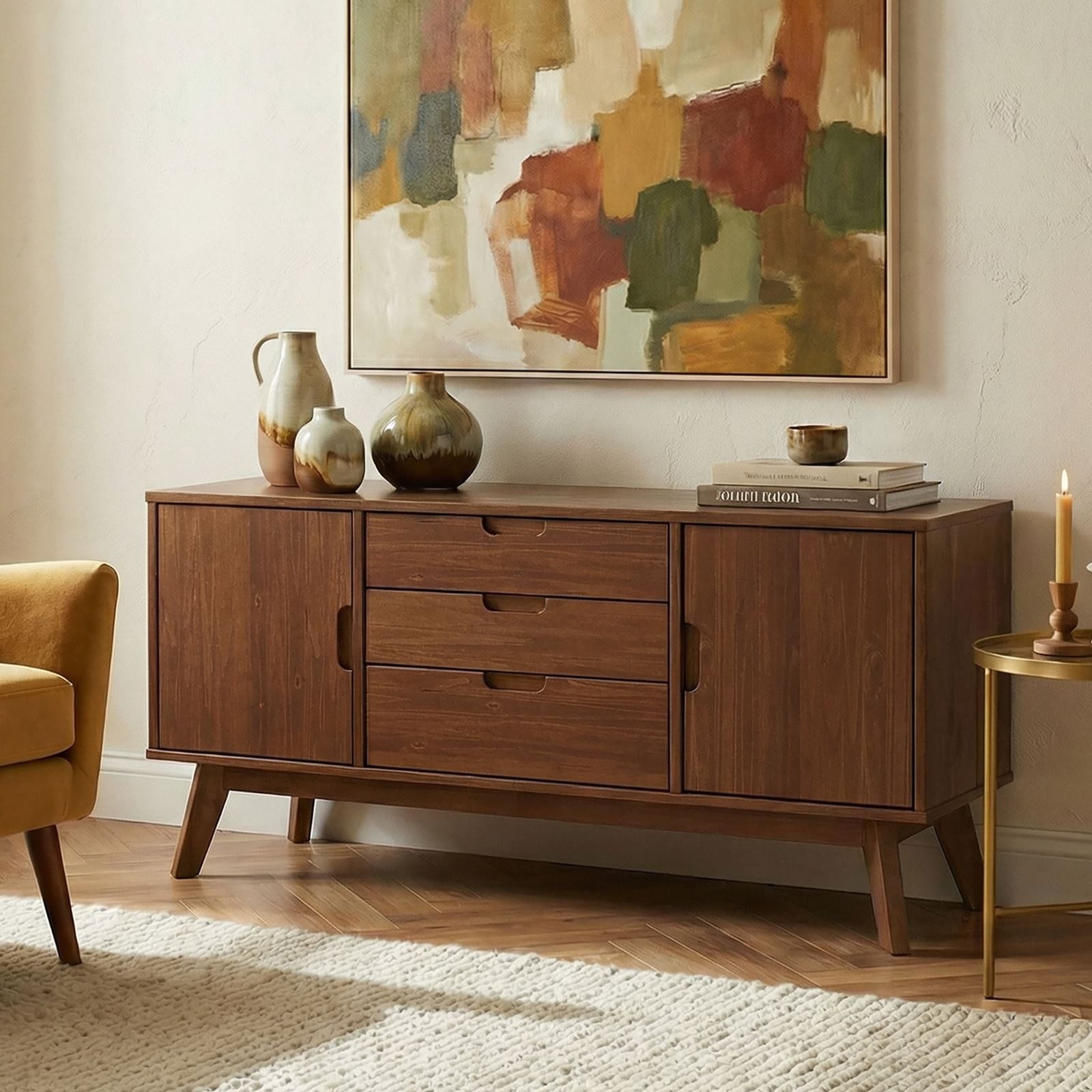 IDIMEX Sideboard TIVOLI, Massivholz Kommode mit 2 Türen und 3 Schubladen, Skandi, Kastanien far