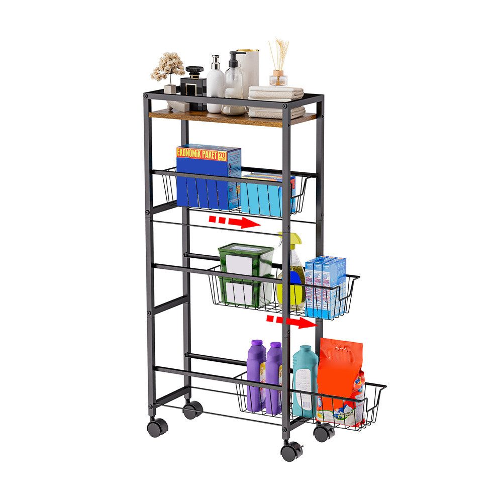 GarveeMore Küchenregal Schlanker Aufbewahrungswagen, 4-Tier Slim Rolling Aufbewahrungswagen
