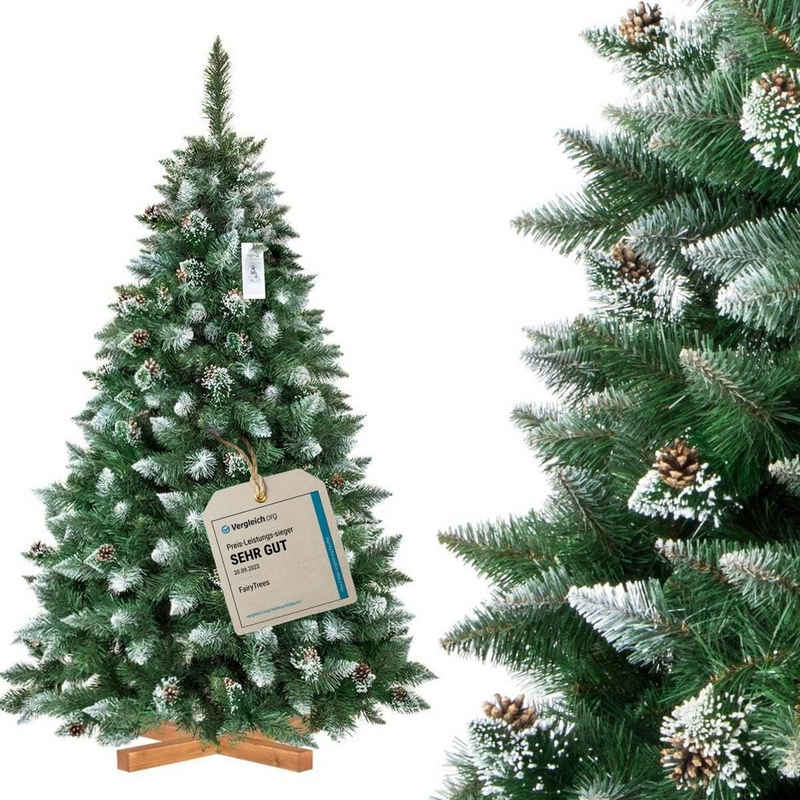 Fairytrees Künstlicher Weihnachtsbaum FT04, Kiefer Natur-Weiss beschneit, mit echten Tannenzapfen und Echtholz Baumständer