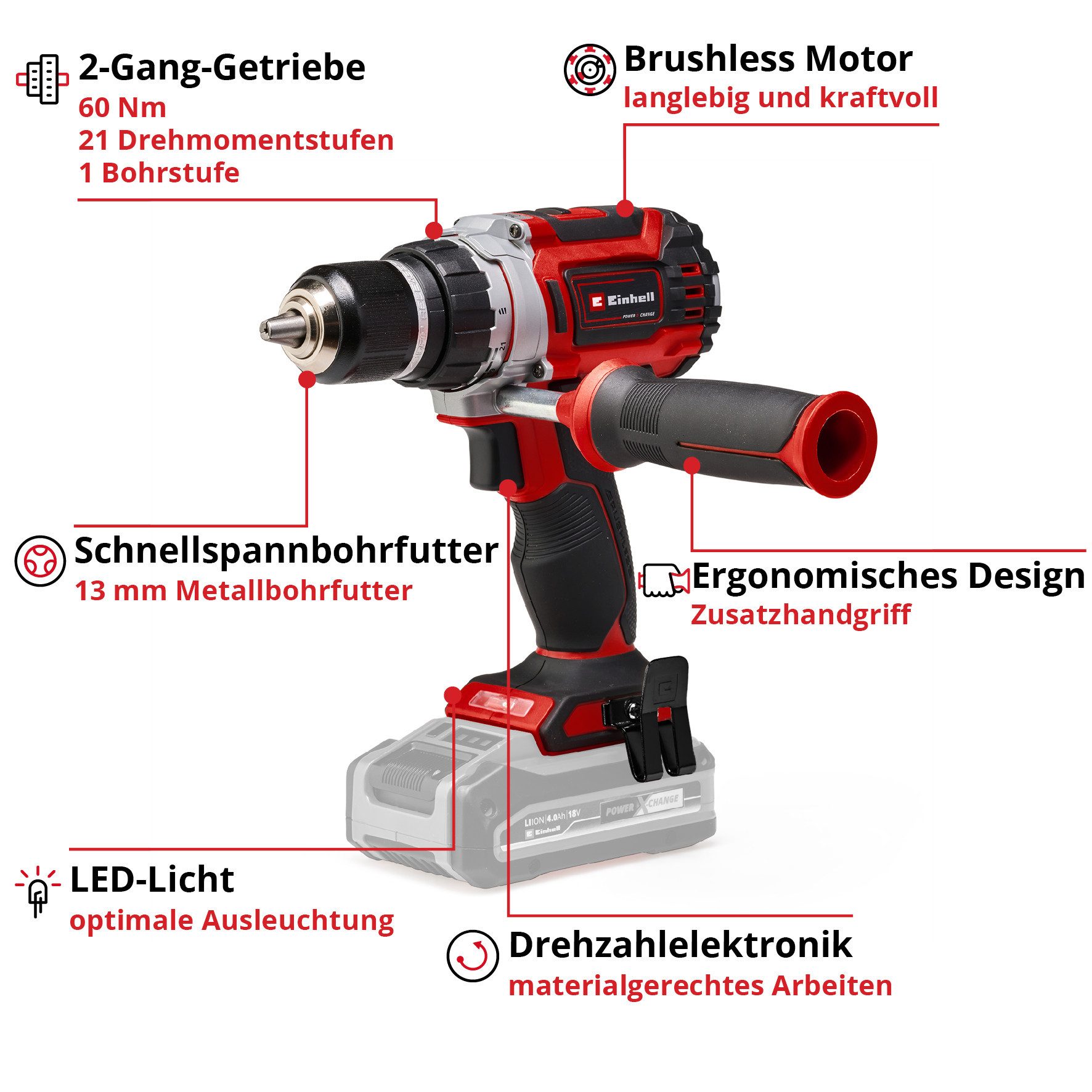Einhell Akku-Bohrschrauber TP-CD 18/60 Li BL - Solo, max. 2000 U/min, ohne Akku