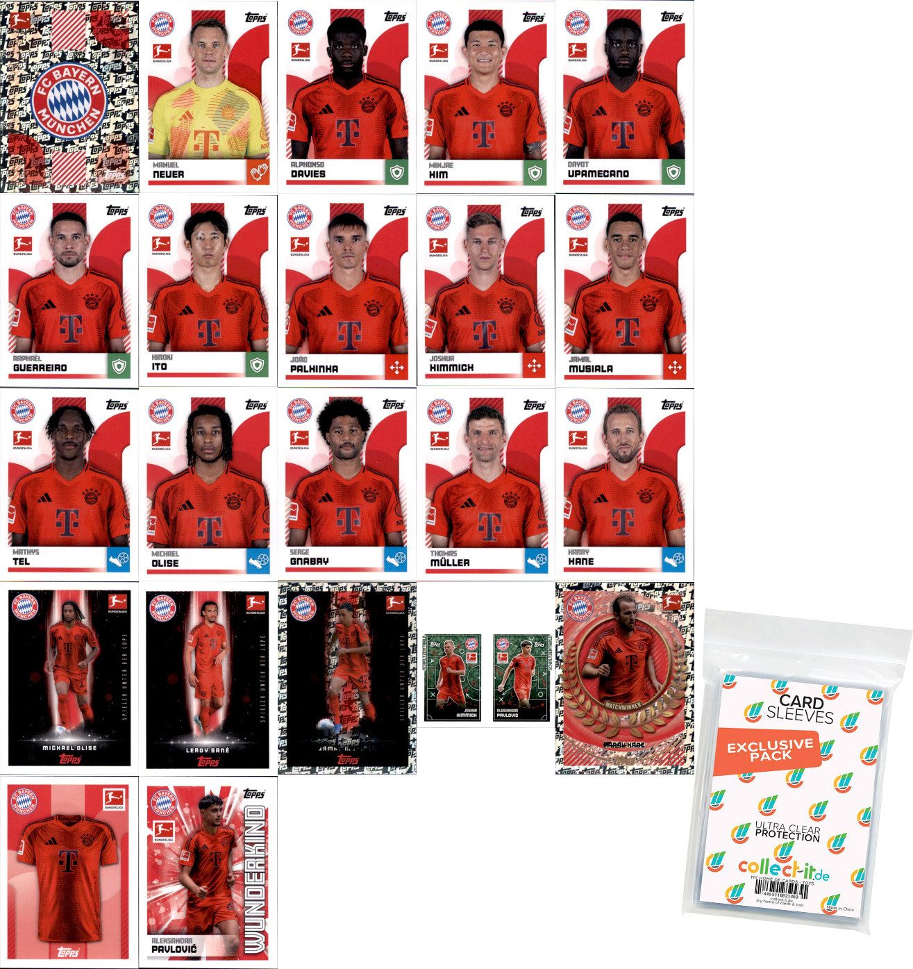 Topps Sammelkarte Bundesliga Sticker 24/25 Mannschaftspaket FC Bayern München + Sleeves