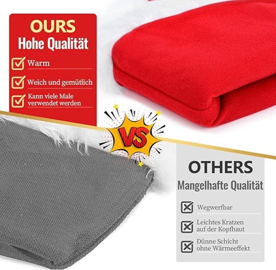 Montegoni Bommelmütze 2 Stk. Premium Qualität Weihnachtsmütze Nikolausmütze aus Weiche Samt (Einzelprodukt, 2-St., 1 Stück Weihnachtsmütze) Rote Santa Mütze, Flauschig weich, Warm & leicht, für festliche Partys