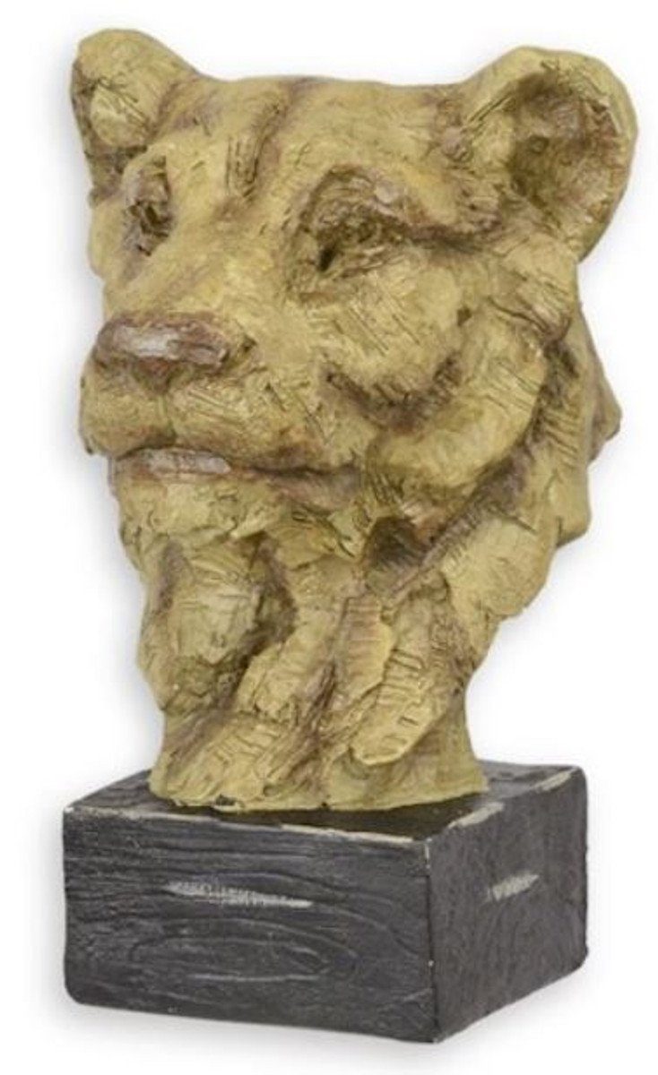 Casa Padrino Dekofigur Casa Padrino Kunstharz Deko Skulptur Löwenkopf Beige / Schwarz 22,1 x 20,9 x H. 32,4 cm - Dekofigur - Schreibtisch Deko - Wohnzimmer Deko