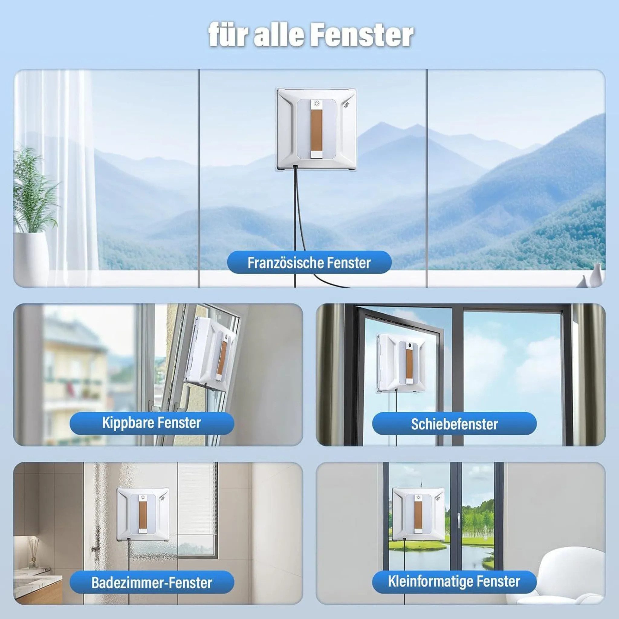 AKKEE Fensterputzroboter Automatischer Fensterputzroboter Intelligentes Bewässerungssystem, 6000PA Fenstersauger mit Water Tank 100ml weiß