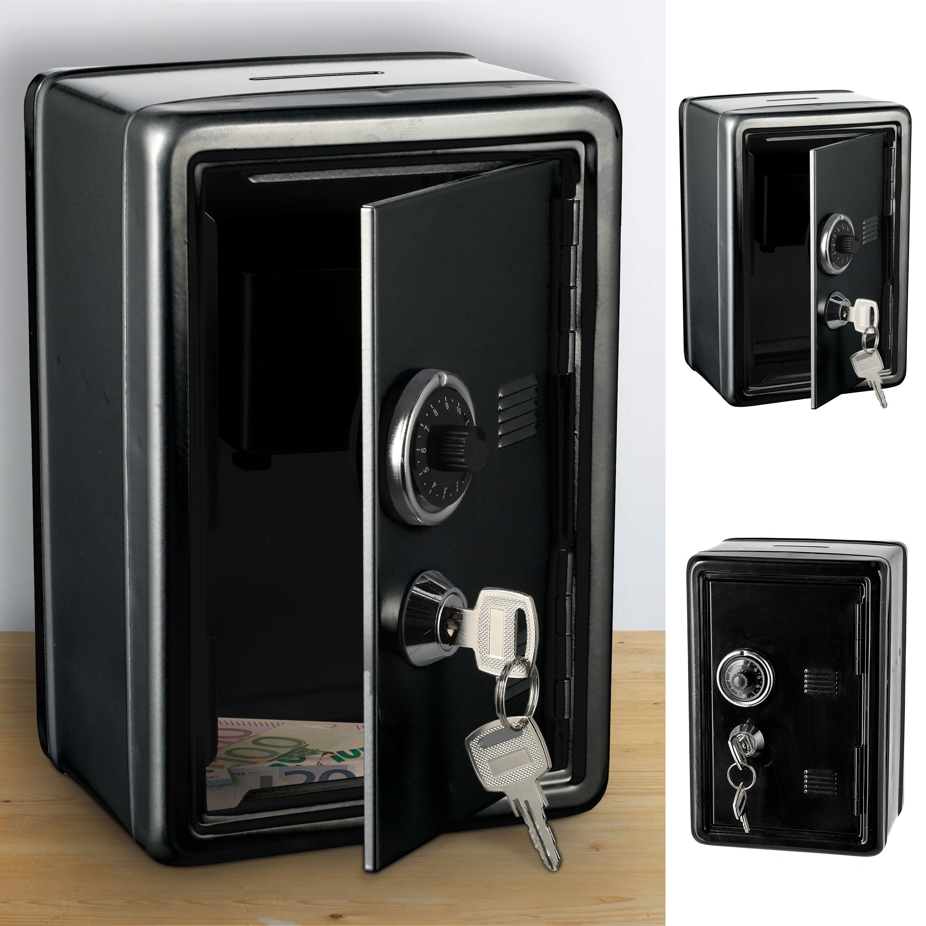 CEPEWA Spardose Spardose Tresor Metall schwarz 12x18x10cm