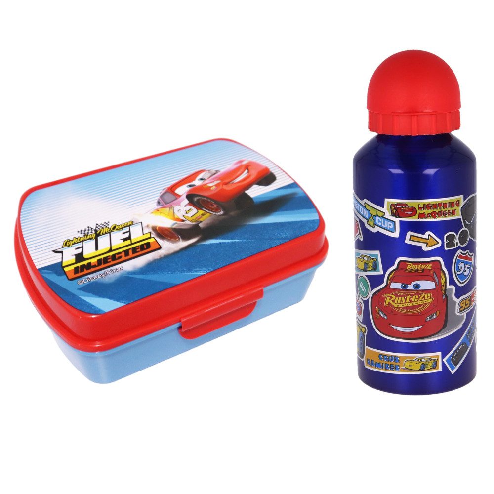 Disney Lunchbox Disney Cars Lightning McQueen 2 tlg Lunch Set Brotdose Trinkflasche, Kunststoff Alu, (2-tlg), Aluminium Flasche 400 ml