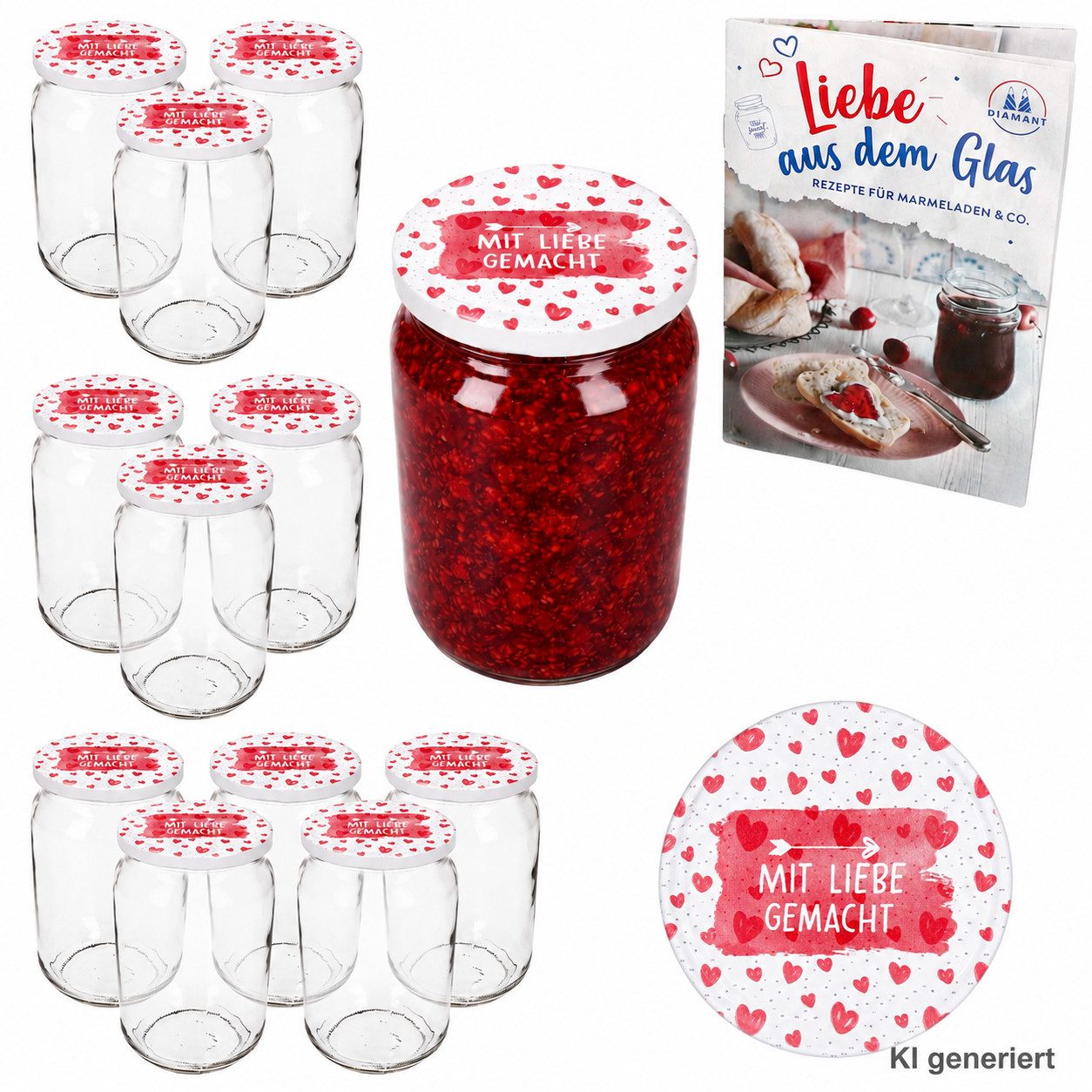 MamboCat Einmachglas 12er Set Sturzglas 720ml Einmachglas Mit Liebe gemacht Deckel Heft, Glas