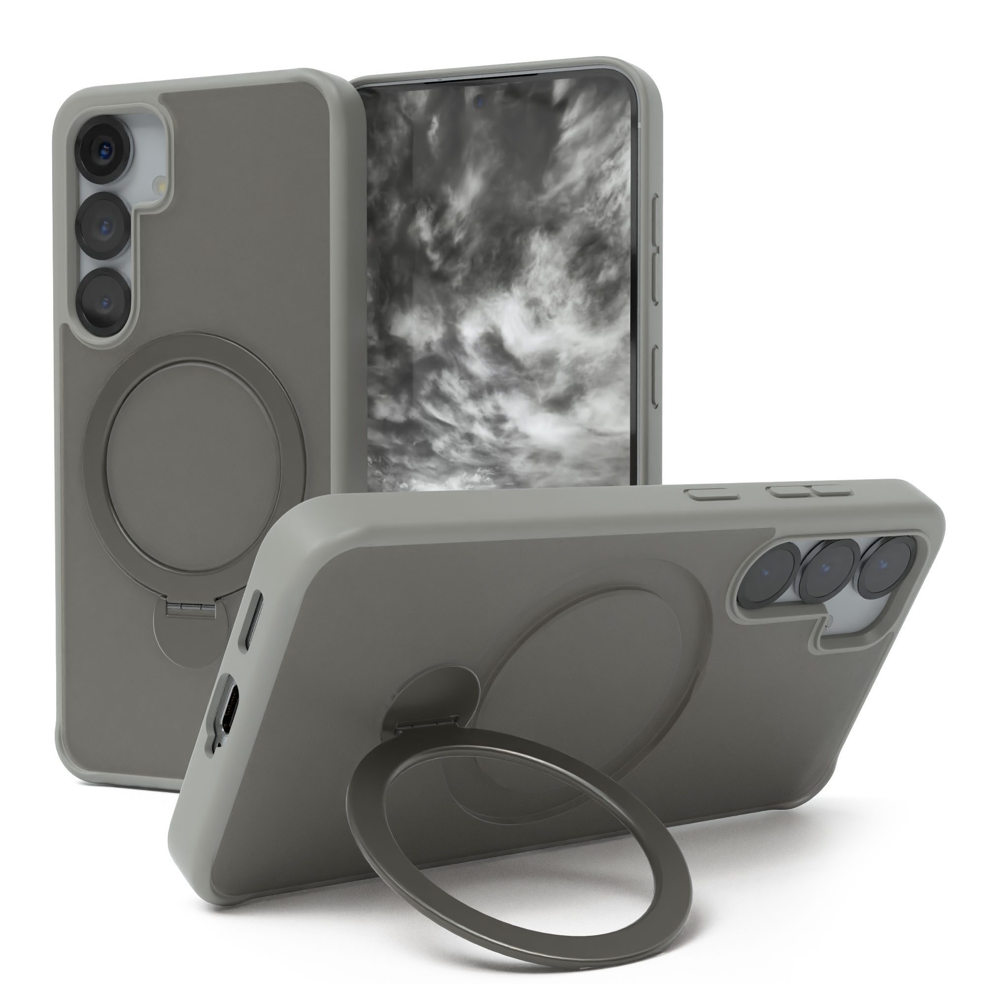 EAZY CASE Handyhülle Outdoor Galaxy S25 Case mit MagSafe Rotation Ring 6,2 Zoll, Slim Cover Handyhülle stoßfest Silikon Case Outdoorcase kratzfest Grau