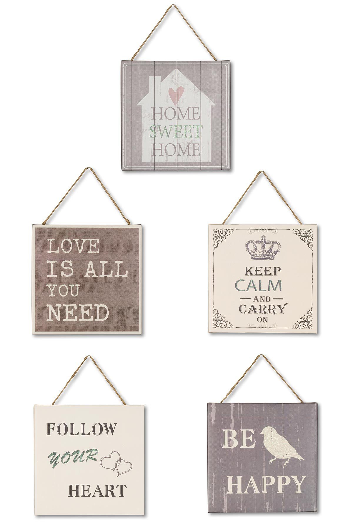 Levandeo® Leinwandbild, 5er Set Wandbilder 20 x 20 cm Deko Sprüche Kordel W günstig online kaufen