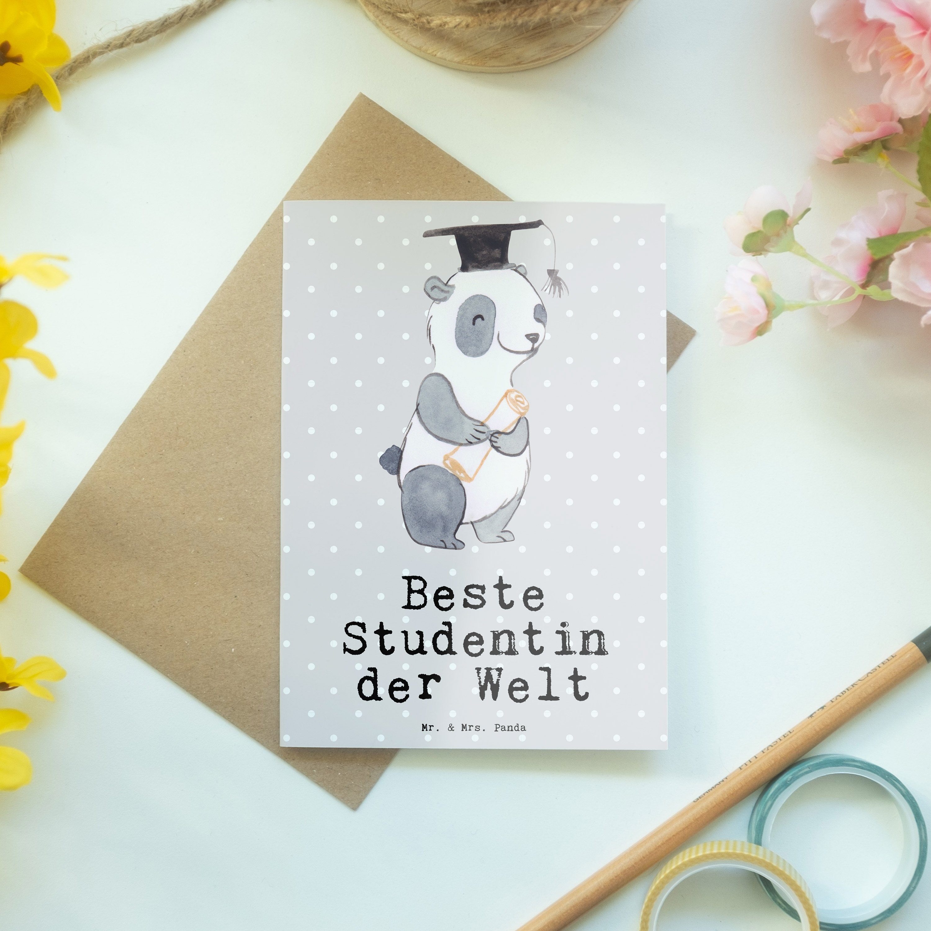 Panda Mr. & Pastell Panda Grußkarte Beste - Mrs. Klappkarte Grau Geschenk, Studentin - Welt der
