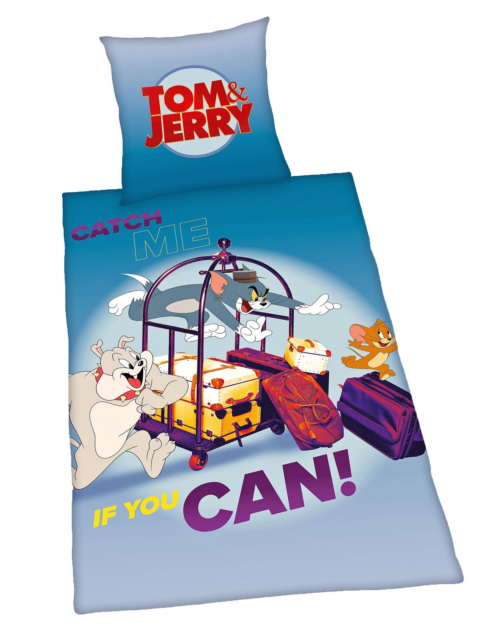 Herding Kinderbettwäsche Tom & Jerry 135x200cm Catch me if you can, Renforcé, 2 teilig, TOM AND JERRY, Blau, Knopfleiste, Baumwolle