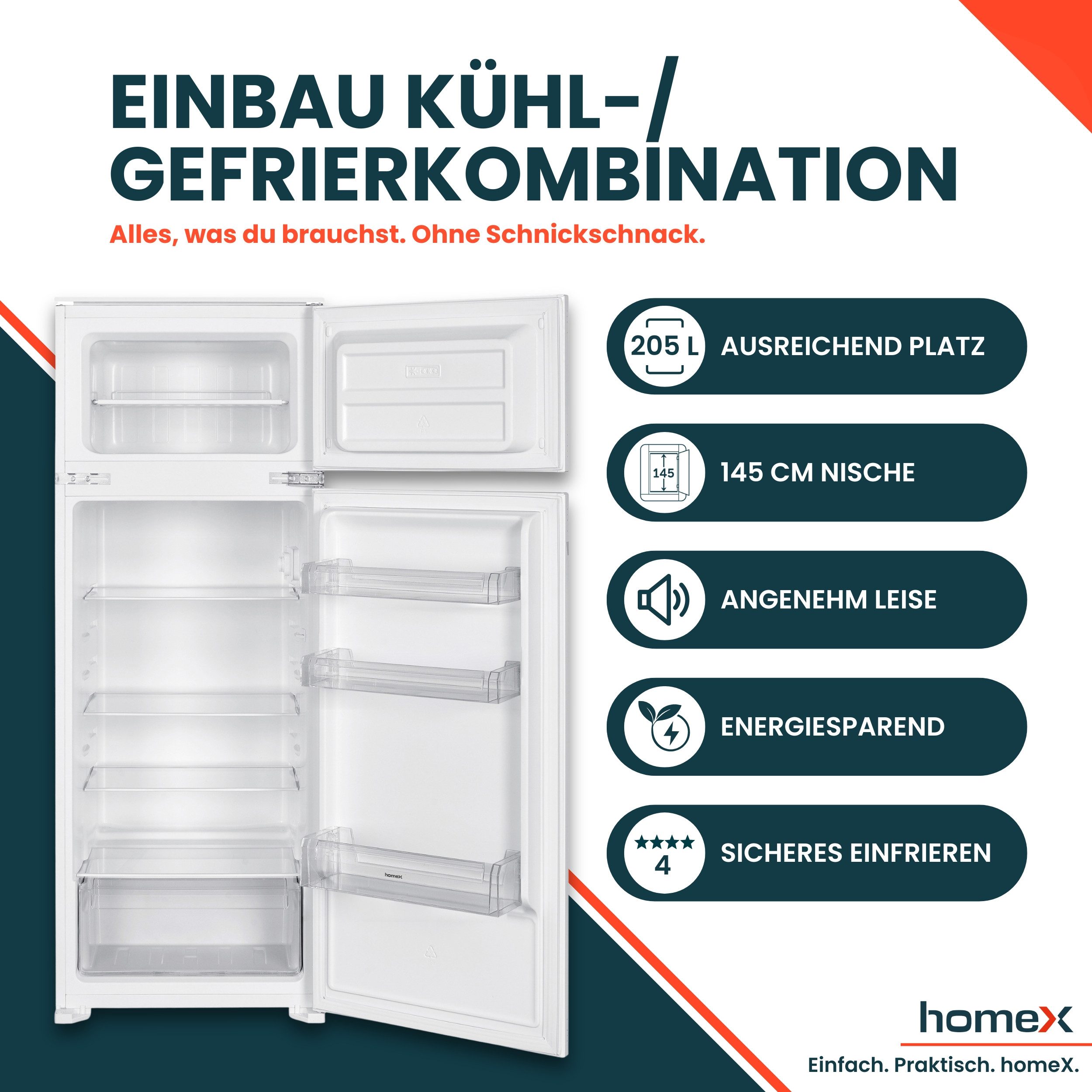 homeX Einbaukühlgefrierkombination CFB2051E, 145 cm hoch, 54 cm breit, 205 Liter, Einbaukühlschrank mit Gefrierfach, 145cm hoch, Schlepptür