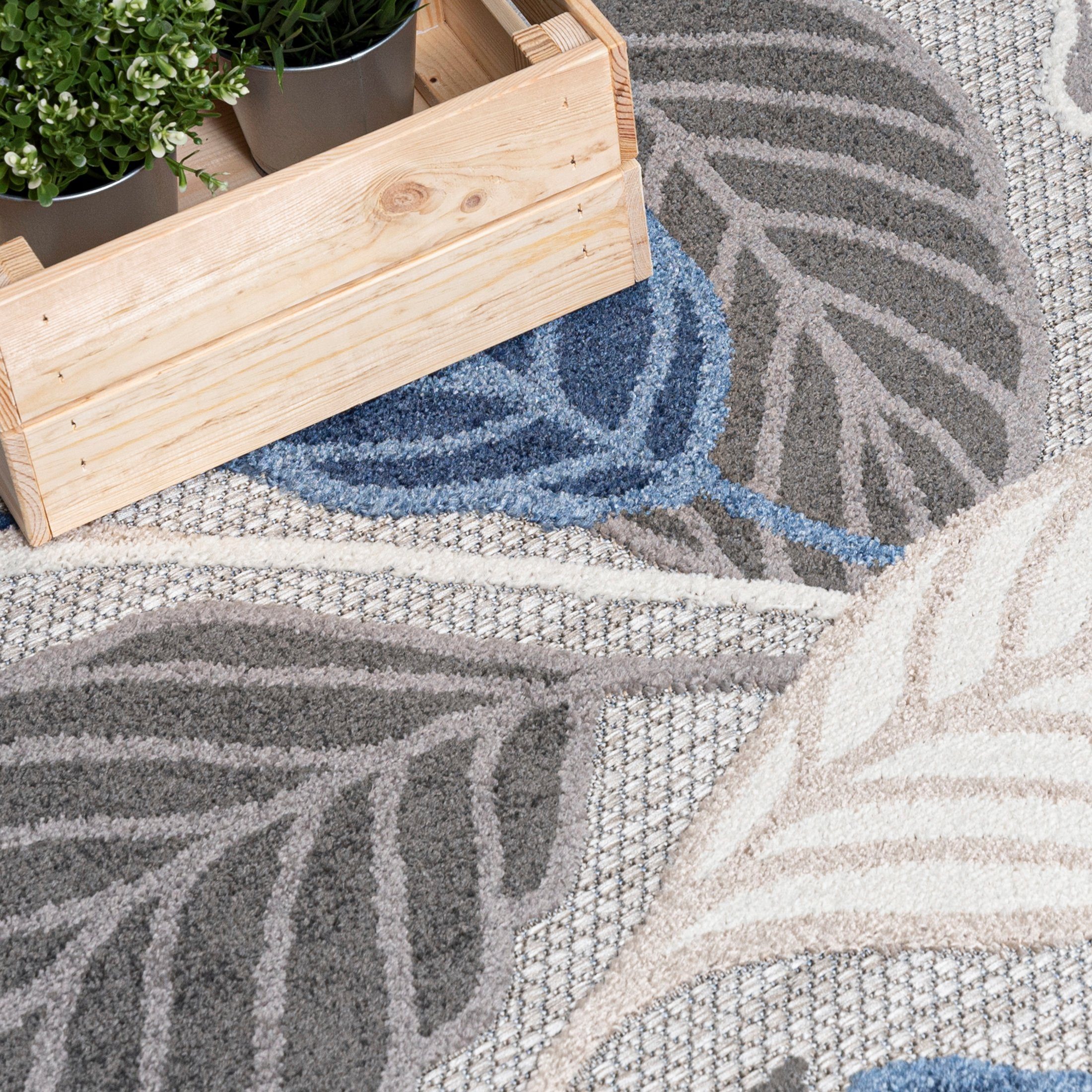Mazovia Designteppich In- & Outdoor Teppich Wetterfest & UV-beständig Balkon - Blau Grau, 80 x 150 cm, Höhe 6 mm, Kurzflor, Weich, Pflegeleicht, Flachgewebe