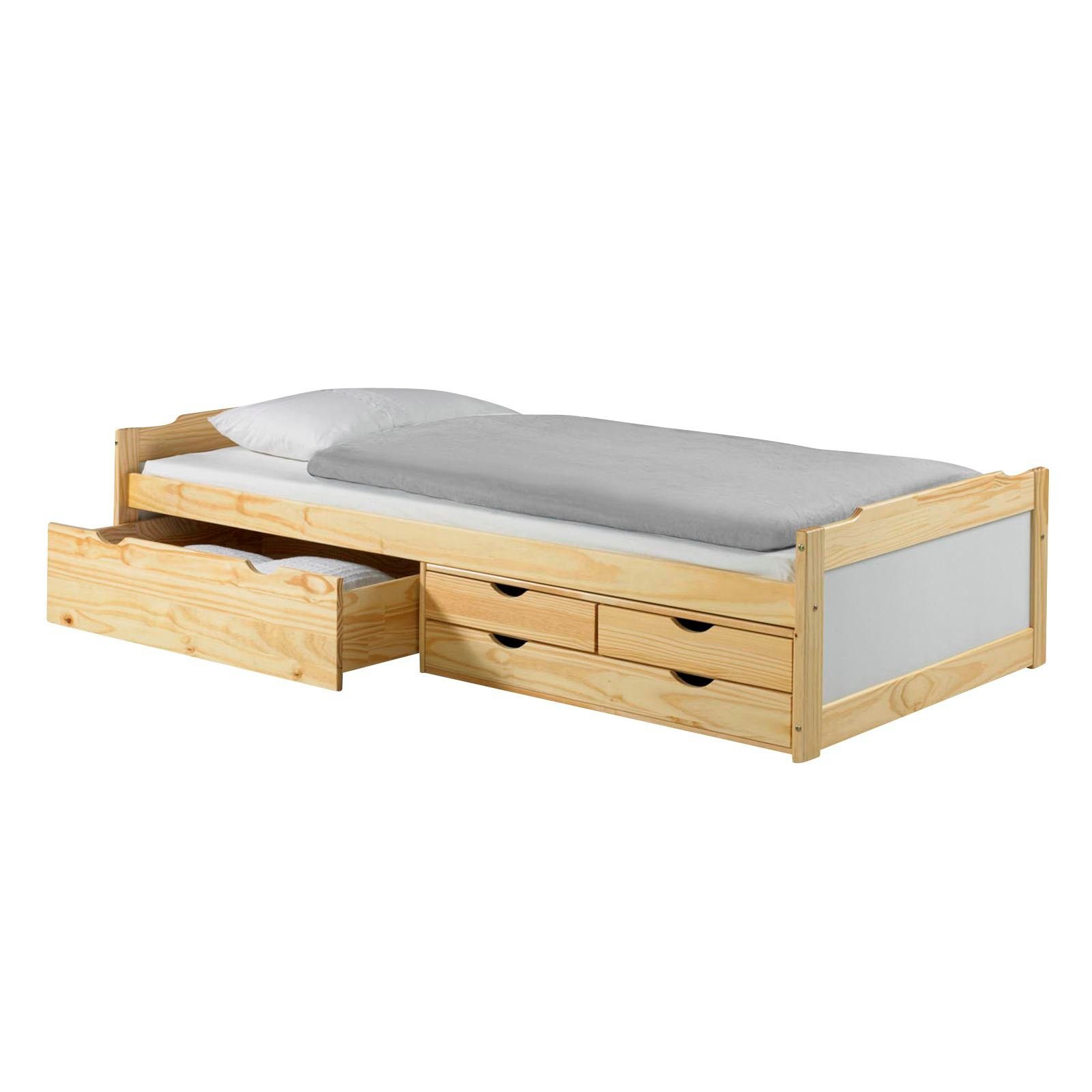 IDIMEX Funktionsbett ANDREA, Bett mit Stauraum, Kiefer massiv, weiss/natur, Bett 90x200 cm, Kinderb natur/weiß