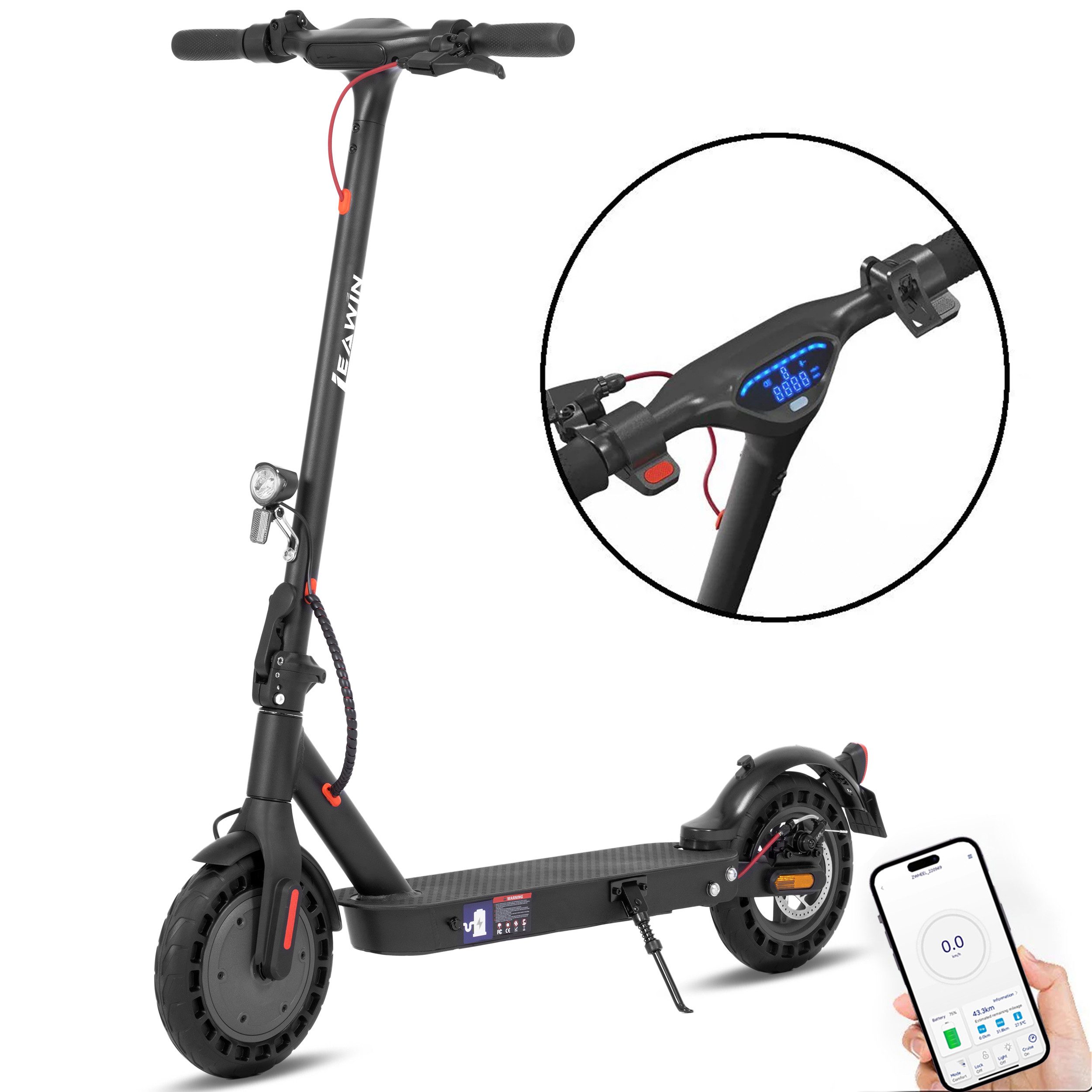 Vankel E-Scooter Elektroroller mit ABE, 500 W, 10 Zoll, 45 km & Vollgummireifen, 500,00 W, 20,00 km/h, (max. 120kg, Steigfähigkeit 20 °, mit App), 20 km/h, App, Vollgummireifen, Stoßdämpfer & Scheibenbremse