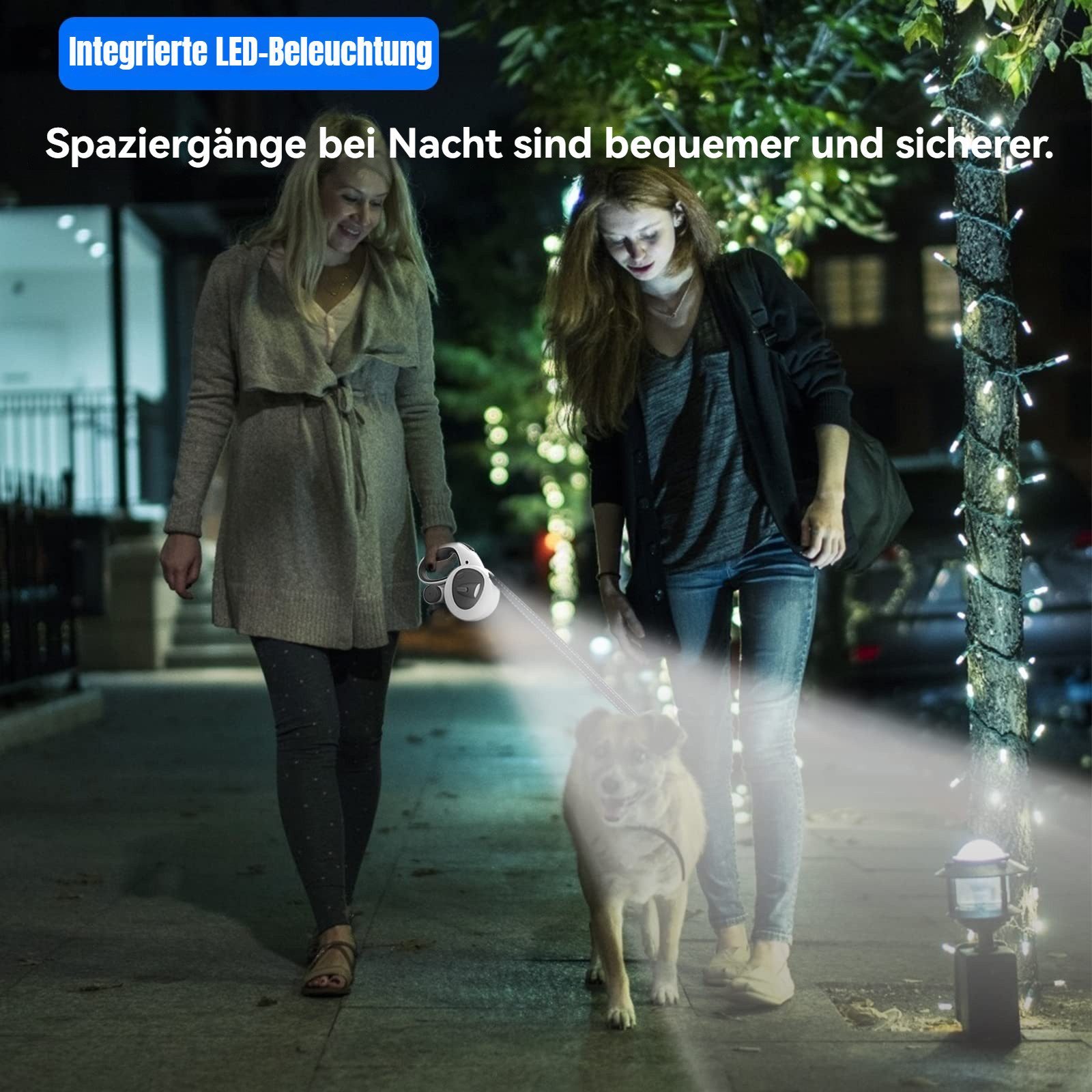 Tekoo Rollleine Hund 5m mit LED Licht & Kotbeutelspender, bis 30kg, (Packung), 4-in-1 System, Reflektierendes Band, Wiederaufladbar