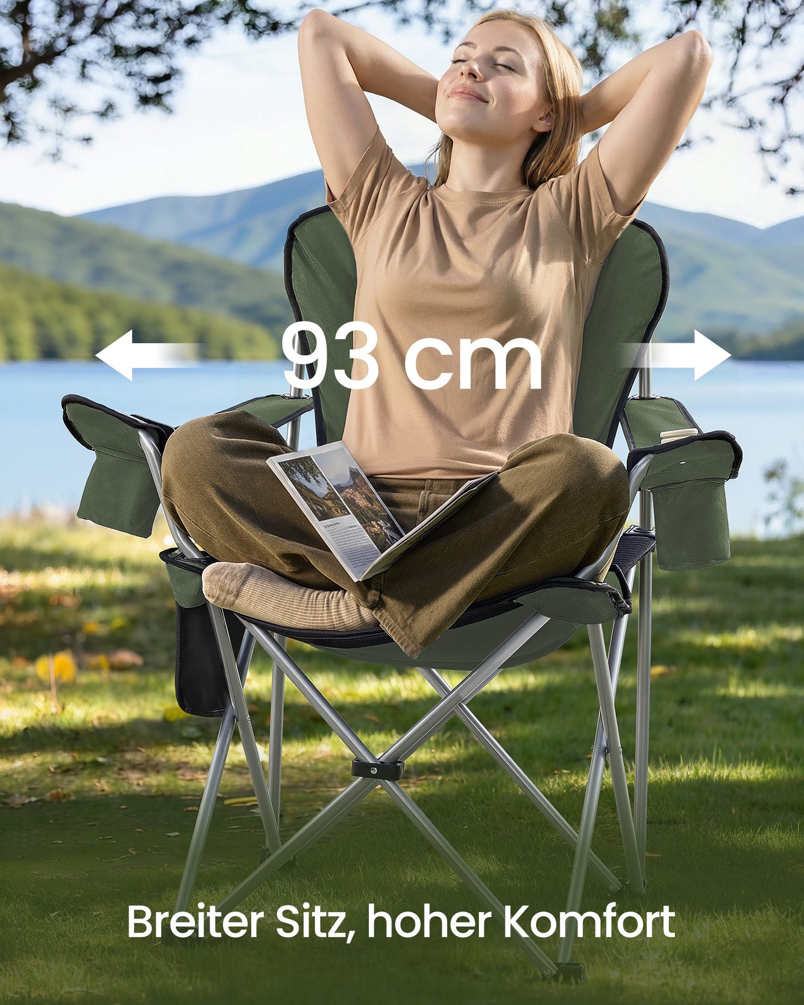 SONGMICS Campingstuhl klappbar, mit breitem Sitz, Faltbarer Outdoor-Stuhl, hohe Rückenlehne, Getränkehalter, 1er/2er Set