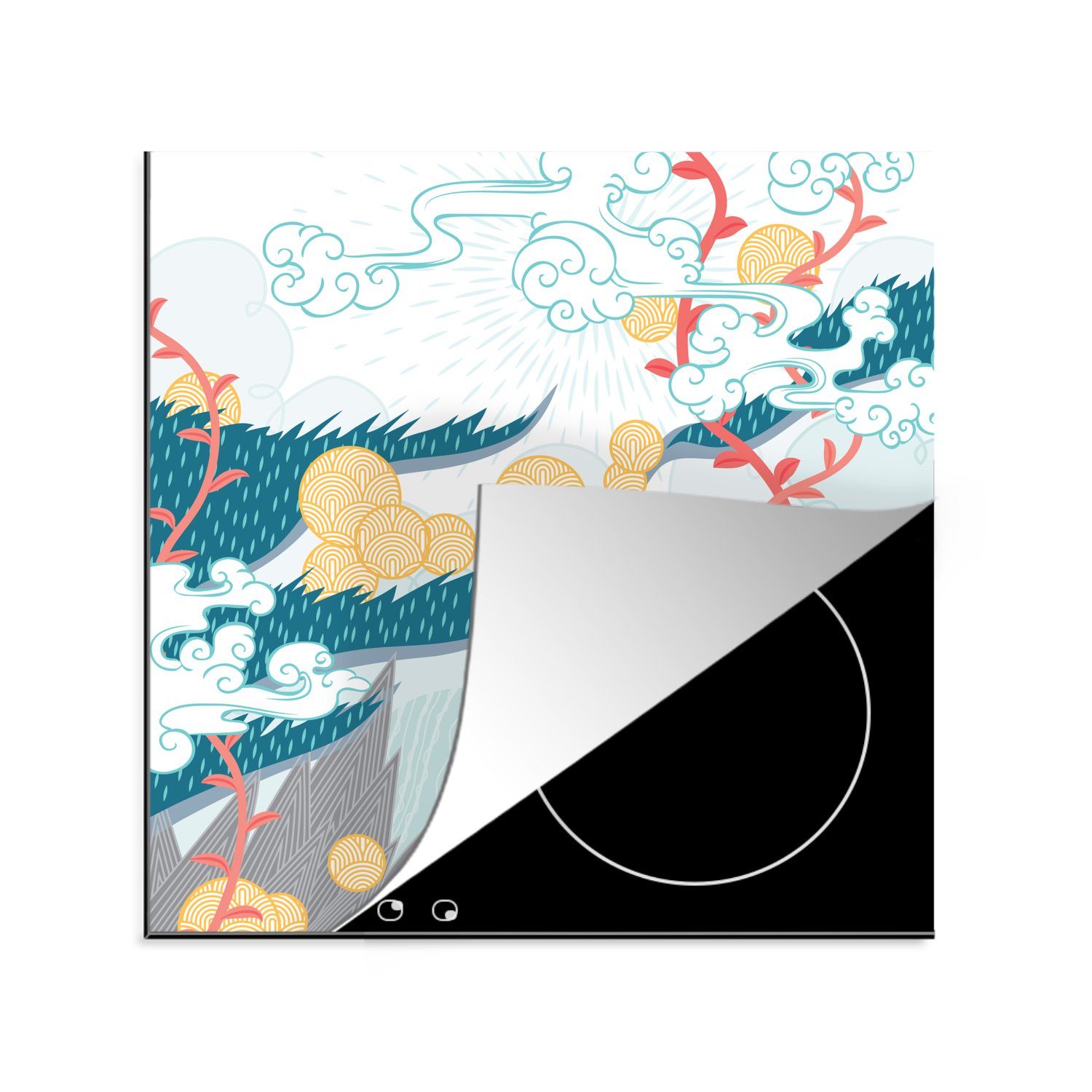 MuchoWow Herdblende-/Abdeckplatte Abstraktes Muster Japanische Landschaft, Vinyl, (1 tlg), 78x78 cm, Ceranfeldabdeckung, Arbeitsplatte für küche | Herdabdeckplatten