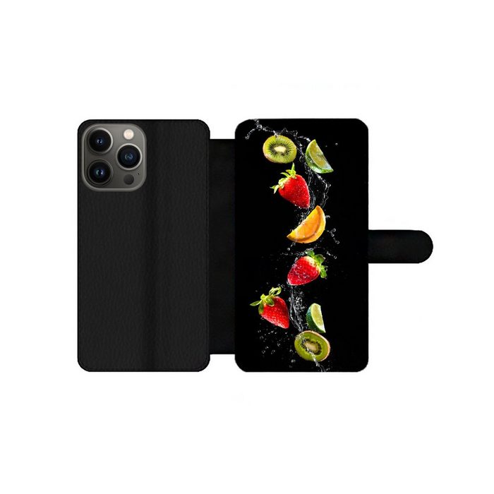 MuchoWow Handyhülle Obst - Wasser - Schwarz - Stillleben Erdbeere - Kiwi Handyhülle Telefonhülle Apple iPhone 13 Pro Max