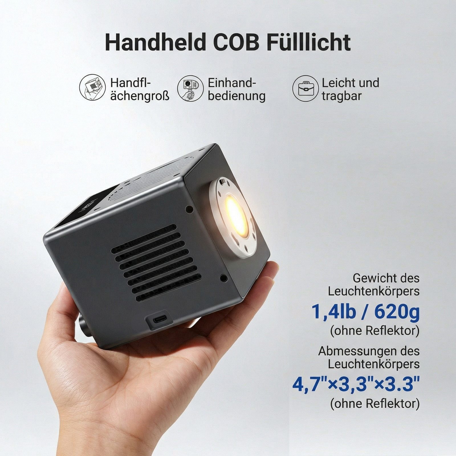 Neewer Videoleuchte HB60B 60W Mini LED Videoleuchte mit 50Wh Akku, 100W PD Schnellladung, APP/2,4G Steuerung, 2700-6500K CRI97+ 12 Szenen COB Studio Dauerlicht