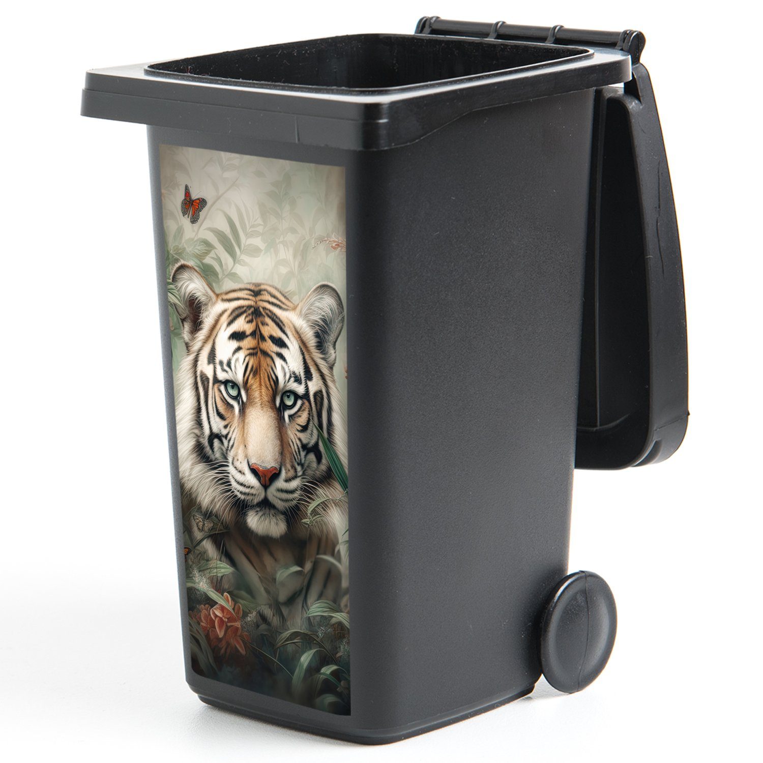MuchoWow Wandsticker Tiger - Schmetterlinge Container, Dschungel - Abfalbehälter Mülltonne, (1 Sticker, - - Mülleimer-aufkleber, St), Blumen Tiere