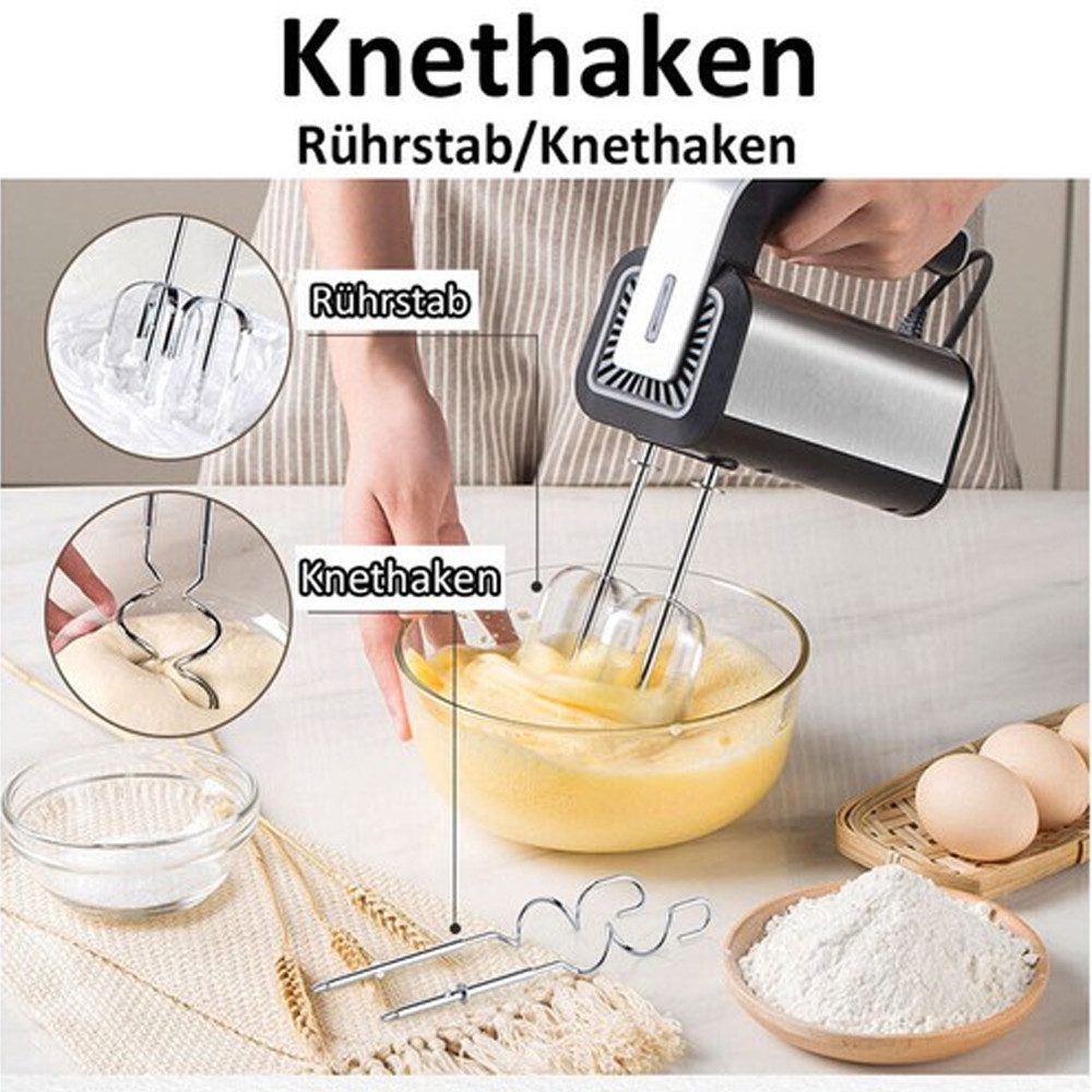 XIIW Handmixer 800W Elektrischer Handrührgerät mit 5 Stufen Turbo Boost für Eier Teig, 800 W, 304 Edelstahl mit 2 Rührbesen und 2 Knethaken – Bild 3 von 5