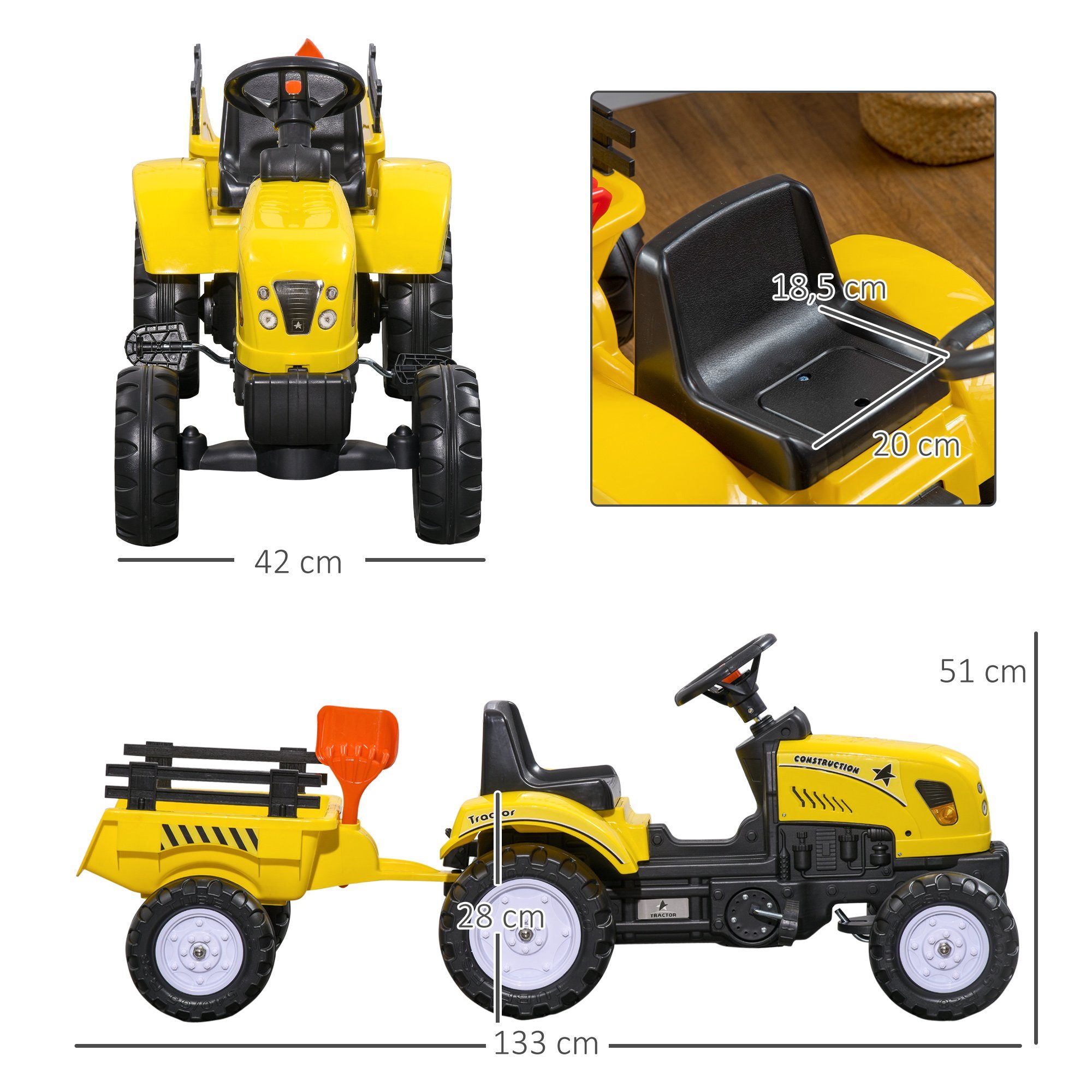 HOMCOM Rutscher Tretauto Traktor mit Anhänger Kindertrettraktor, (Kindertrettraktor, 1-tlg., Spielfahrzeug), Metall Gelb 133 x 42 x 51 cm