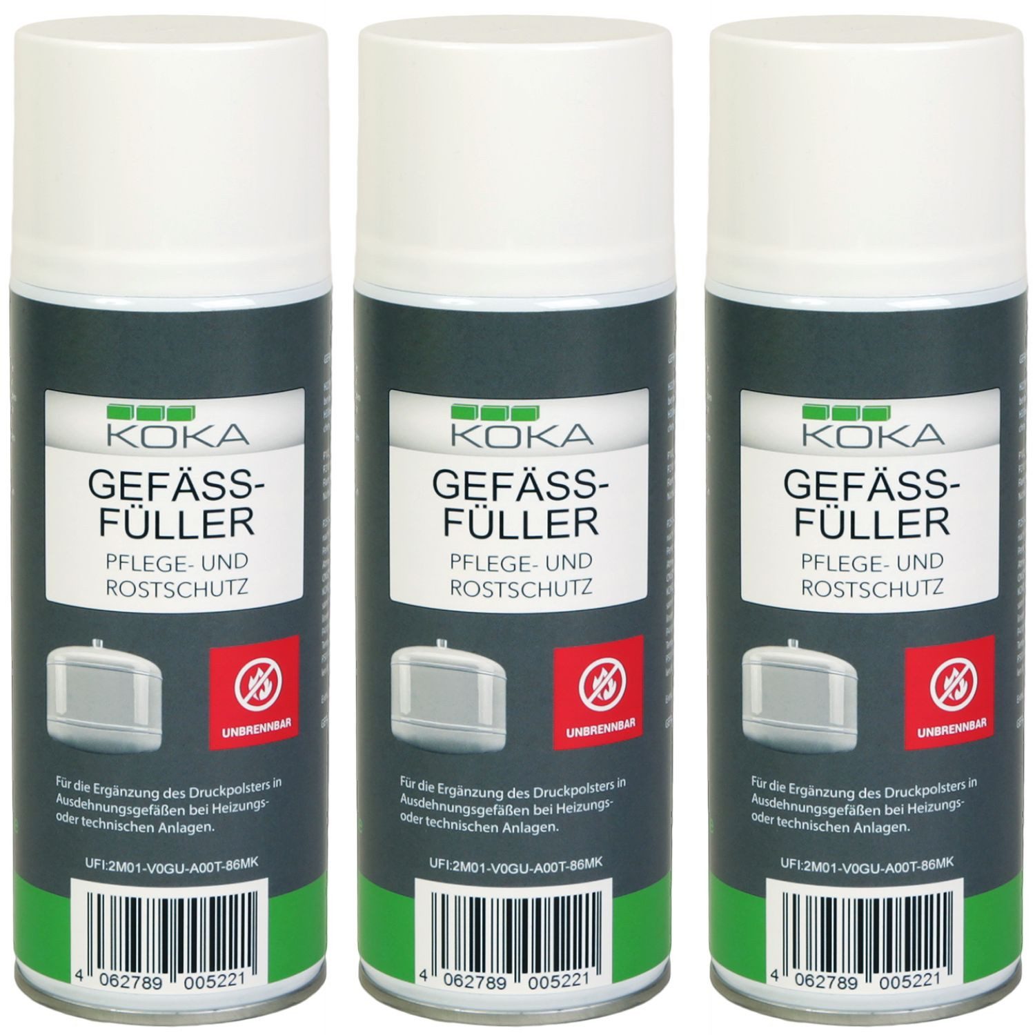 KOKA Rostschutzgrundierung 3x Gefäßfüller nicht brennbar Ausdehnungsgefäß, 3-tlg., Füller Heizung Membran Ausdehnungsgefäss Spray Unbrennbar Rostschutz