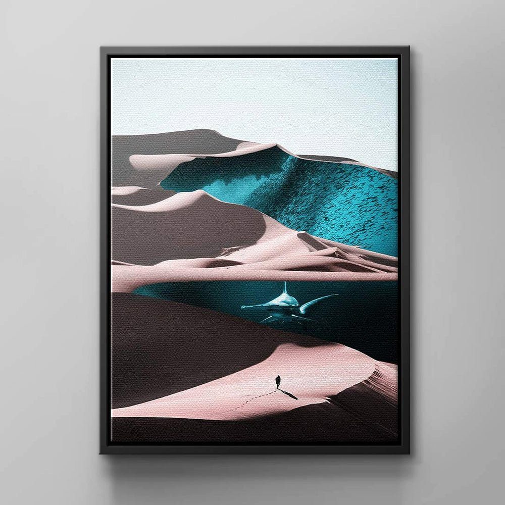 DOTCOMCANVAS® Leinwandbild, Abstrakte Fotomanipulation Wandbild mit Sandwüste von weißer Rahmen