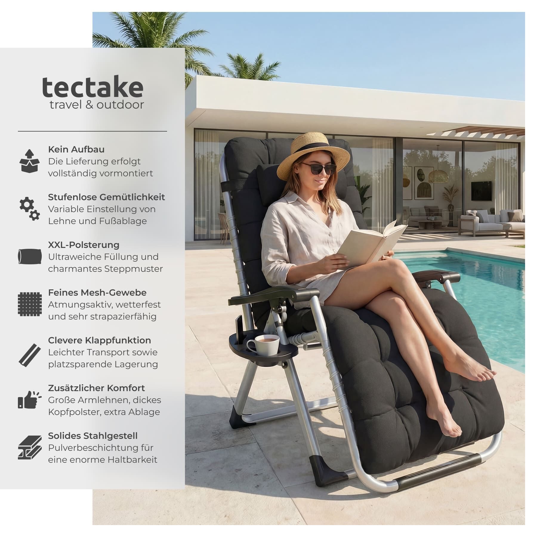 tectake Gartenstuhl Sonnenliege, klappbar, 84 x 168 x 82,5 cm, mit Ablagetisch (Terrassenstuhl Cloud für Außen in Schwarz, 1 St), widerstandsfähig, Belastbarkeit 200 kg, inkl. Sitz- und Kopfpolster
