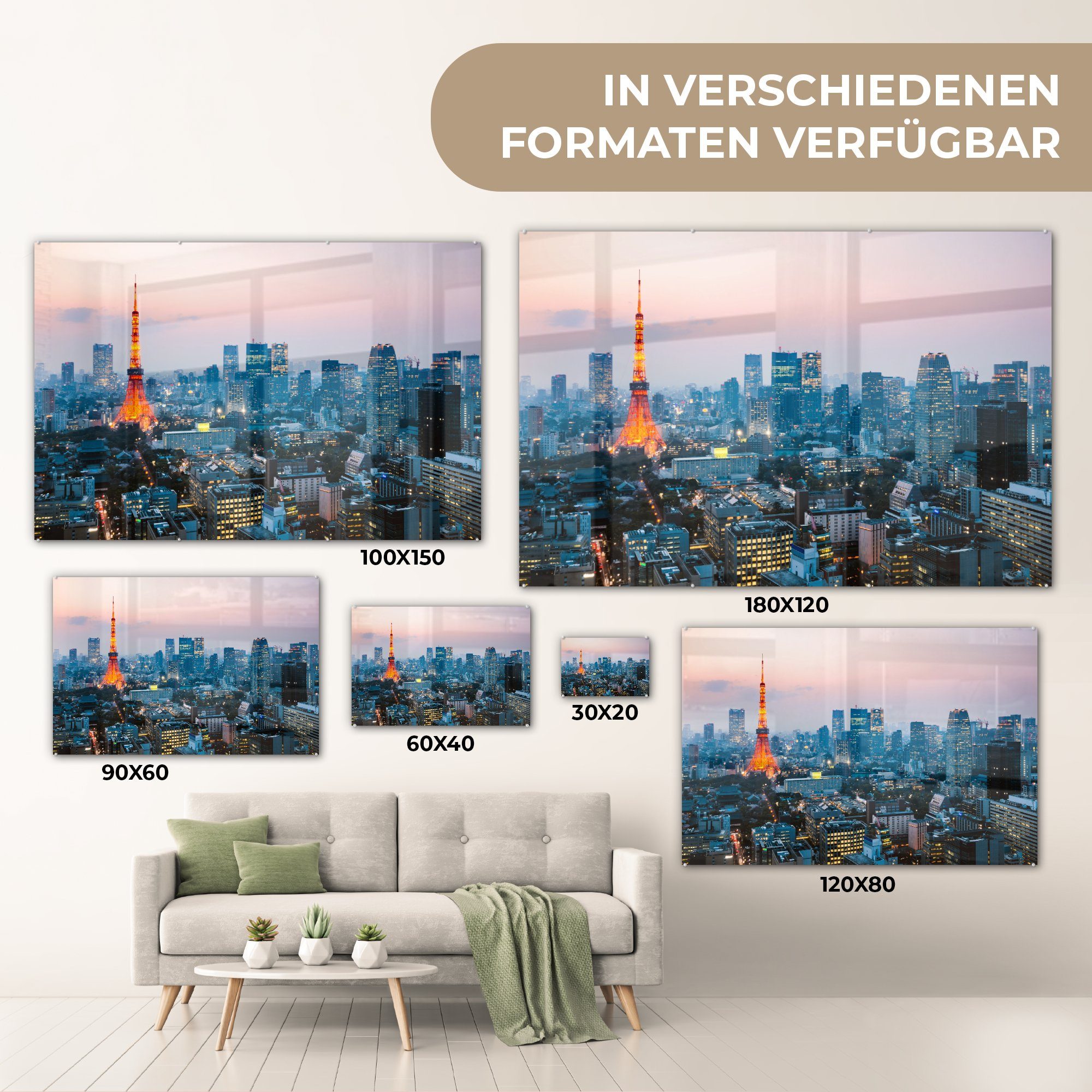 von MuchoWow Acrylglasbilder Schlafzimmer St), Wohnzimmer & (1 Tokio, Skyline Acrylglasbild