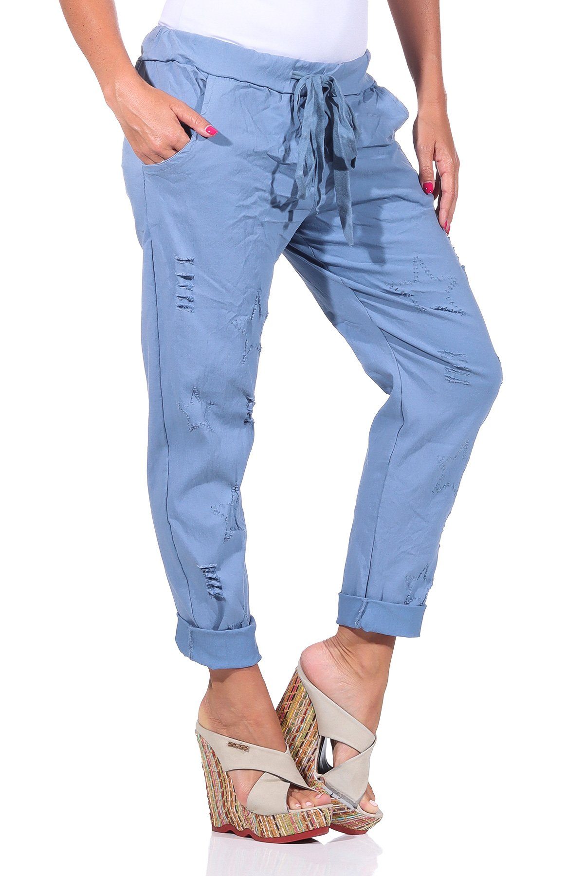 zerrissen M.350 Mississhop Jeansblau Sterne Hose Chinohose Risse Damen Freizeithose