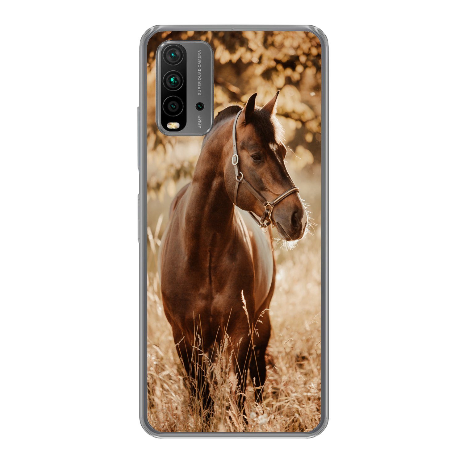 MuchoWow Handyhülle für Xiaomi Redmi 9T Pferd - Sonne - Porträt - Natur - Braun, Phone Case, Silikon, Schutzhülle Dünn